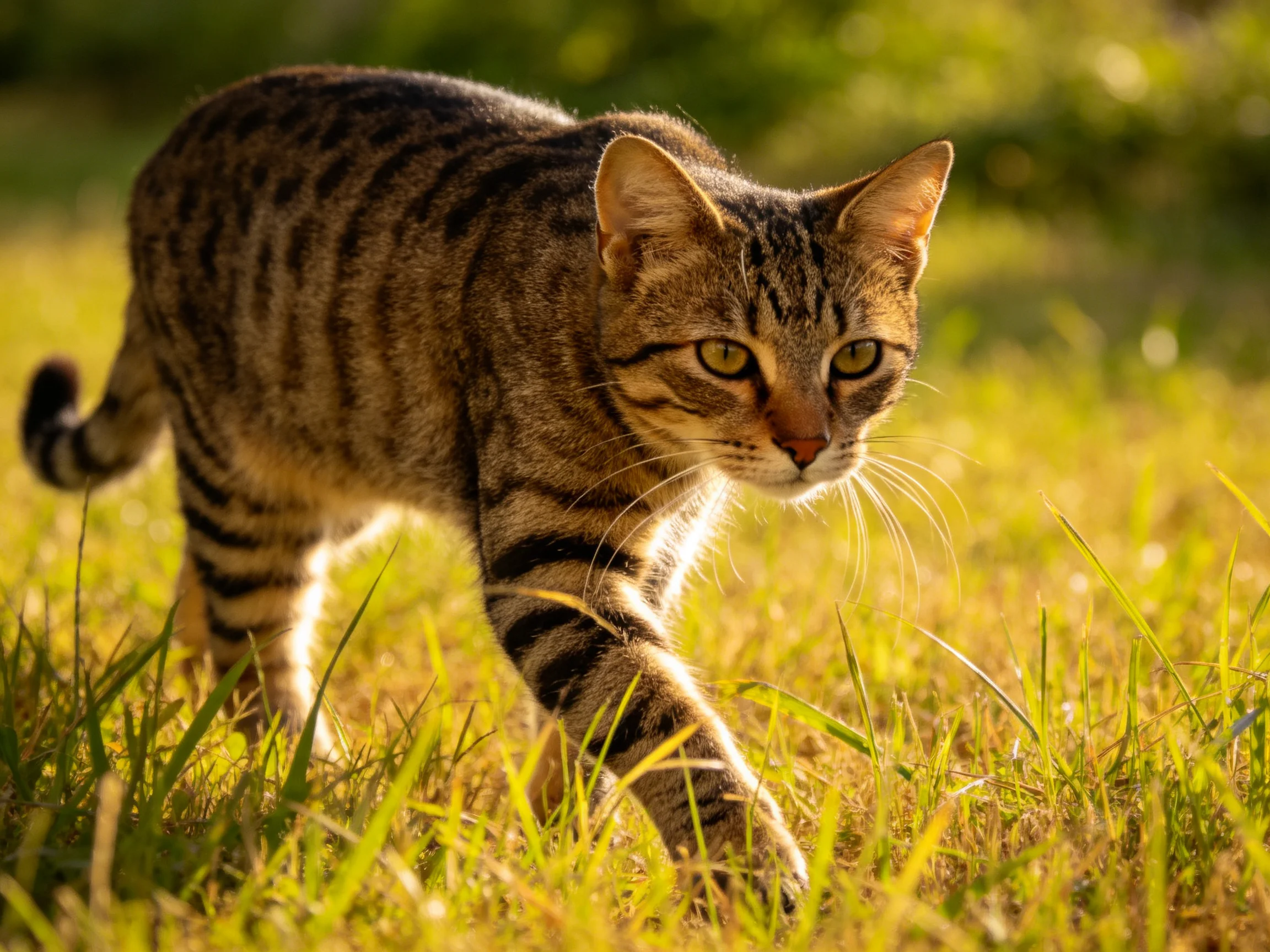 A focused tabby cat traverses sun-drenched grassy fields.