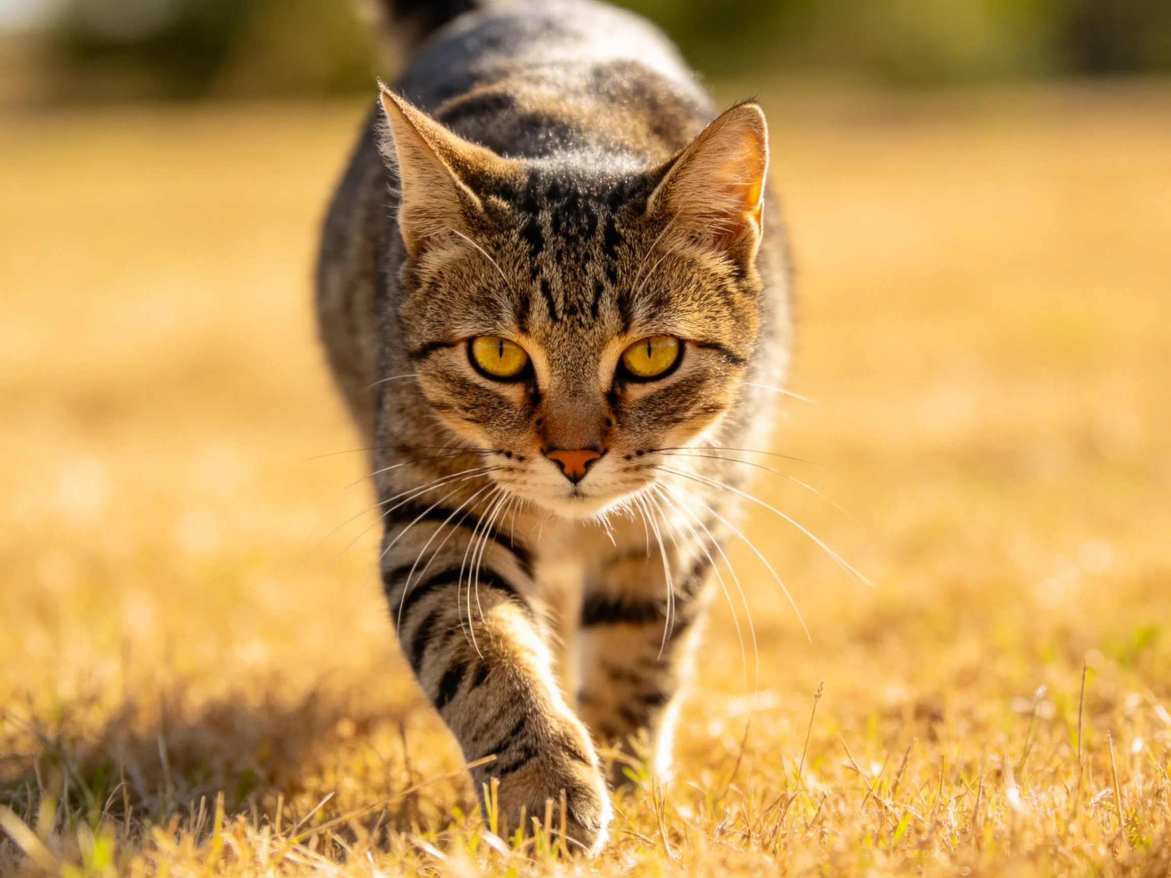 A focused tabby cat walks through golden-hued dry grass