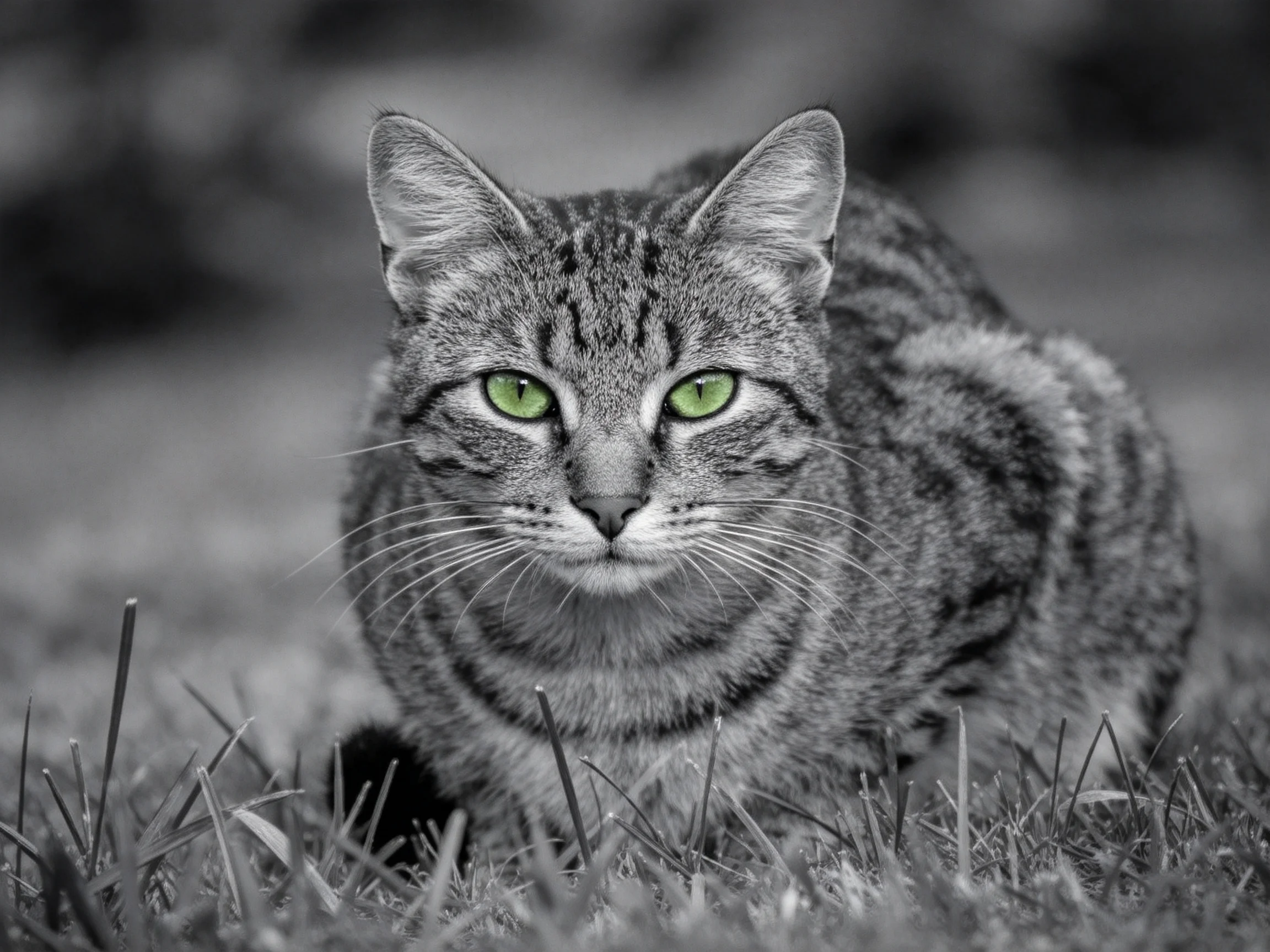 A focused tabby cat with vivid green eyes resting in tall grass