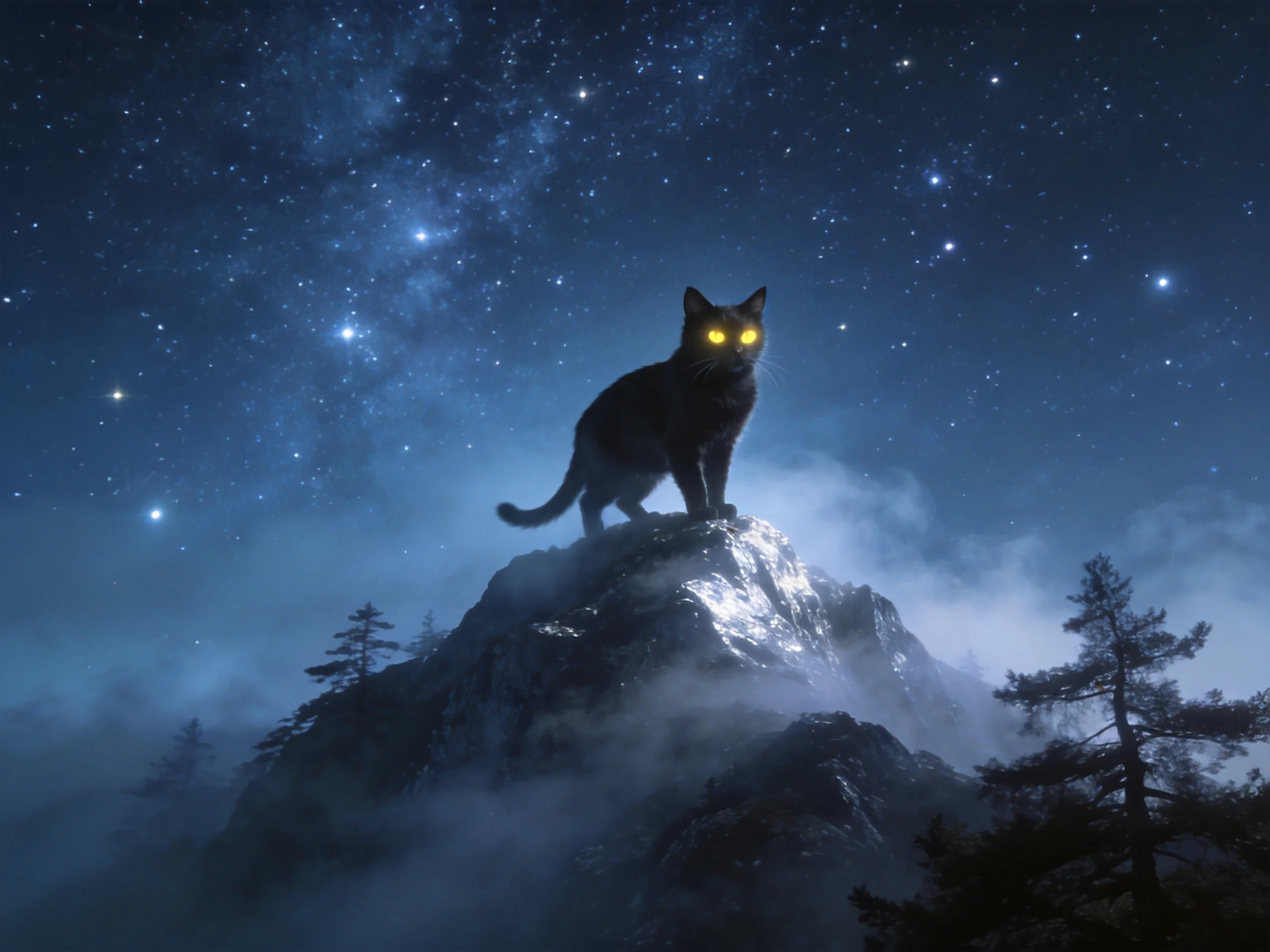 A giant black cat with glowing eyes atop a misty mountain under a starry night sky