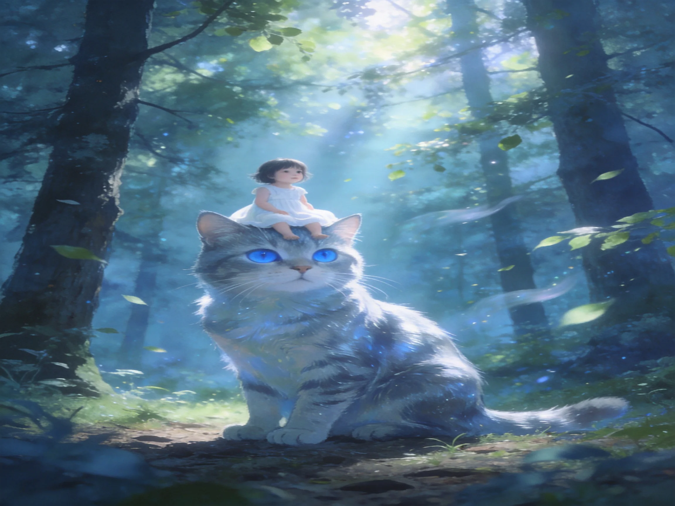A giant gray cat with blue eyes carries a small girl in a white dress in a sunlit forest