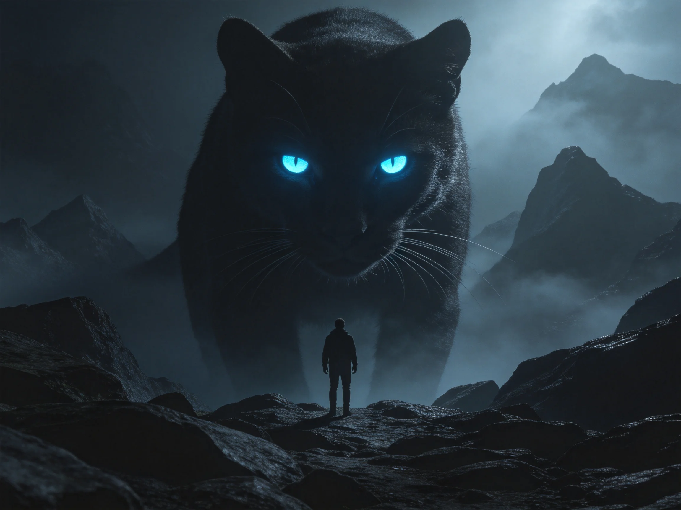A gigantic black panther with glowing blue eyes looms over a lone figure in misty mountains