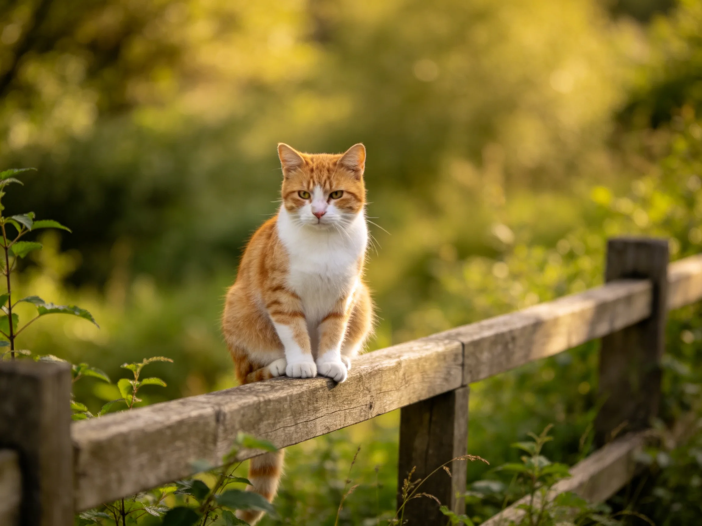 A ginger and white cat perches on a weathered wooden fence