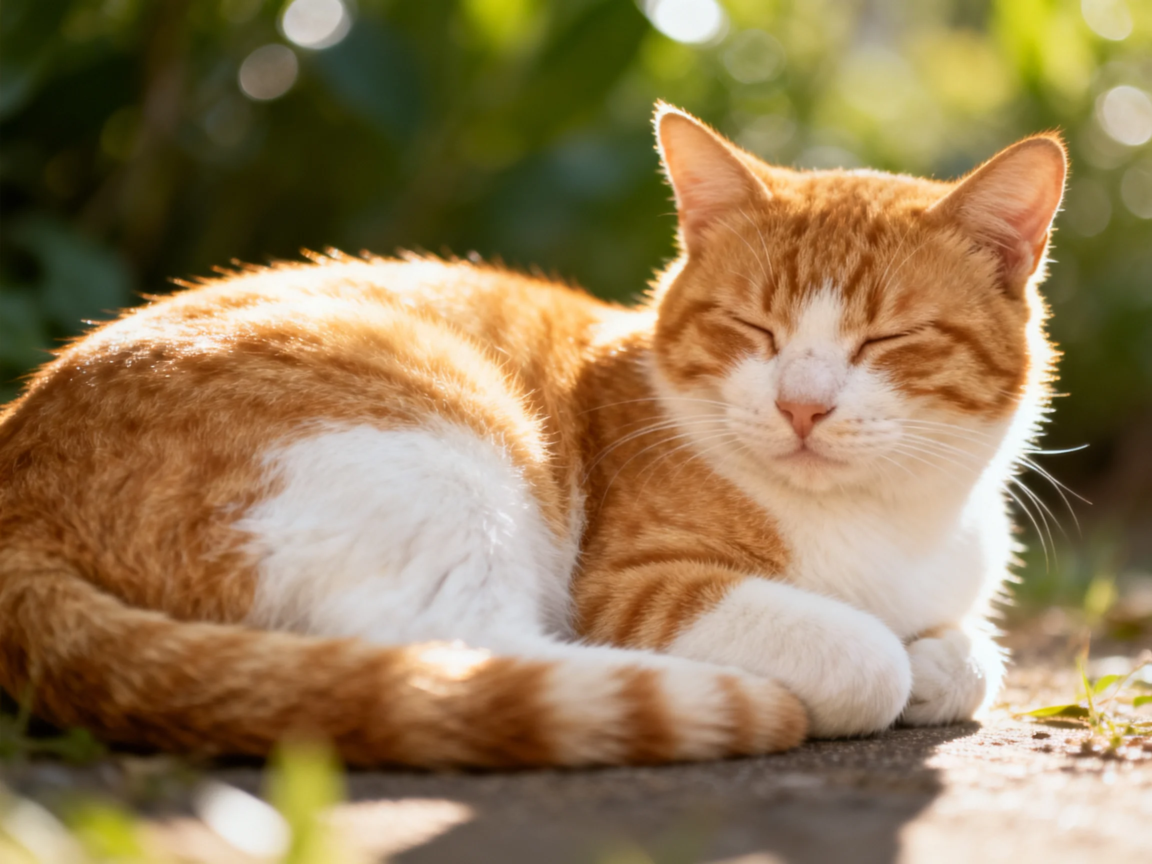 A ginger and white cat relaxes in sunny outdoor surroundings