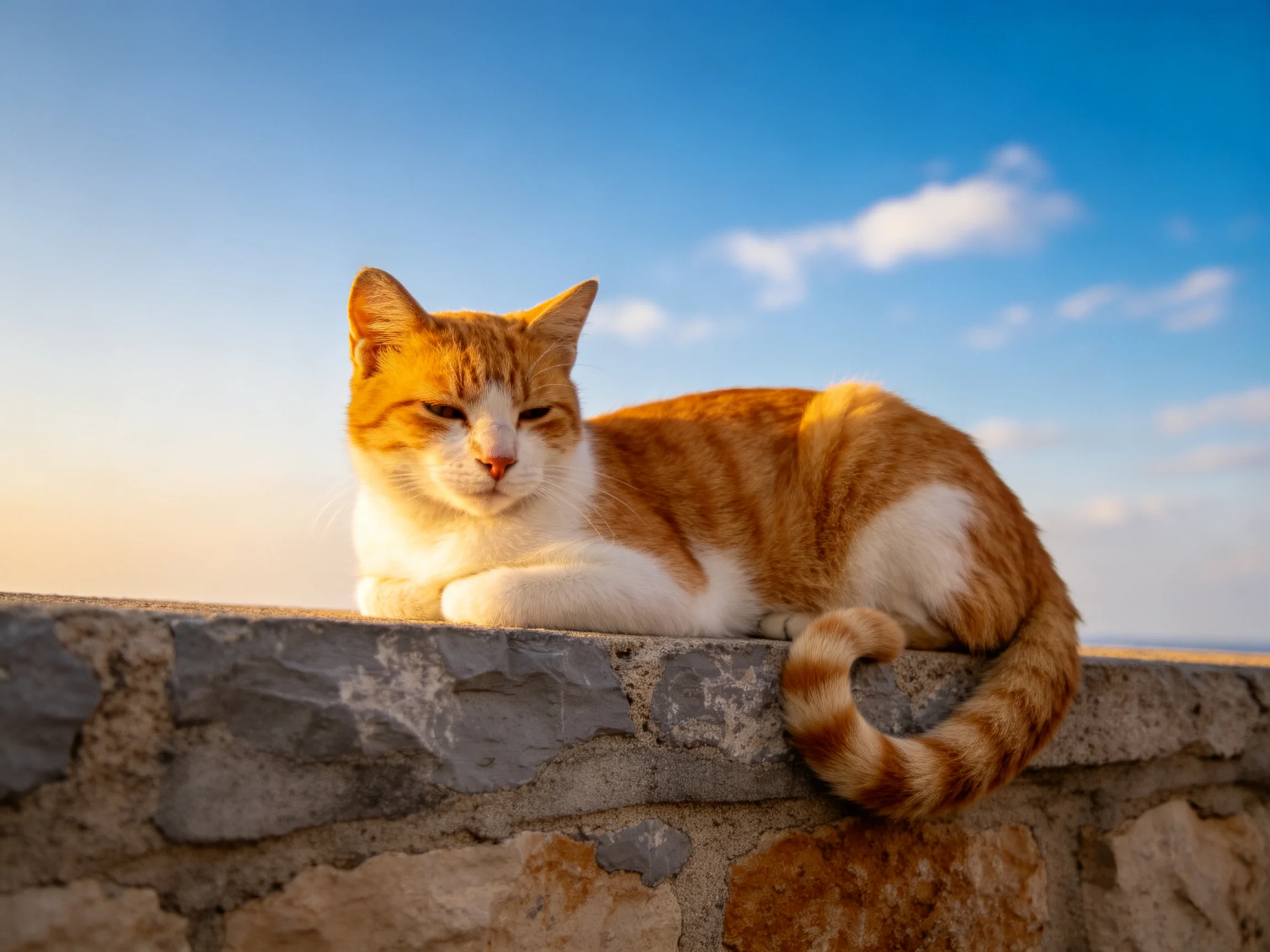 A ginger and white cat relaxes on a stone wall beneath a bright blue sky.