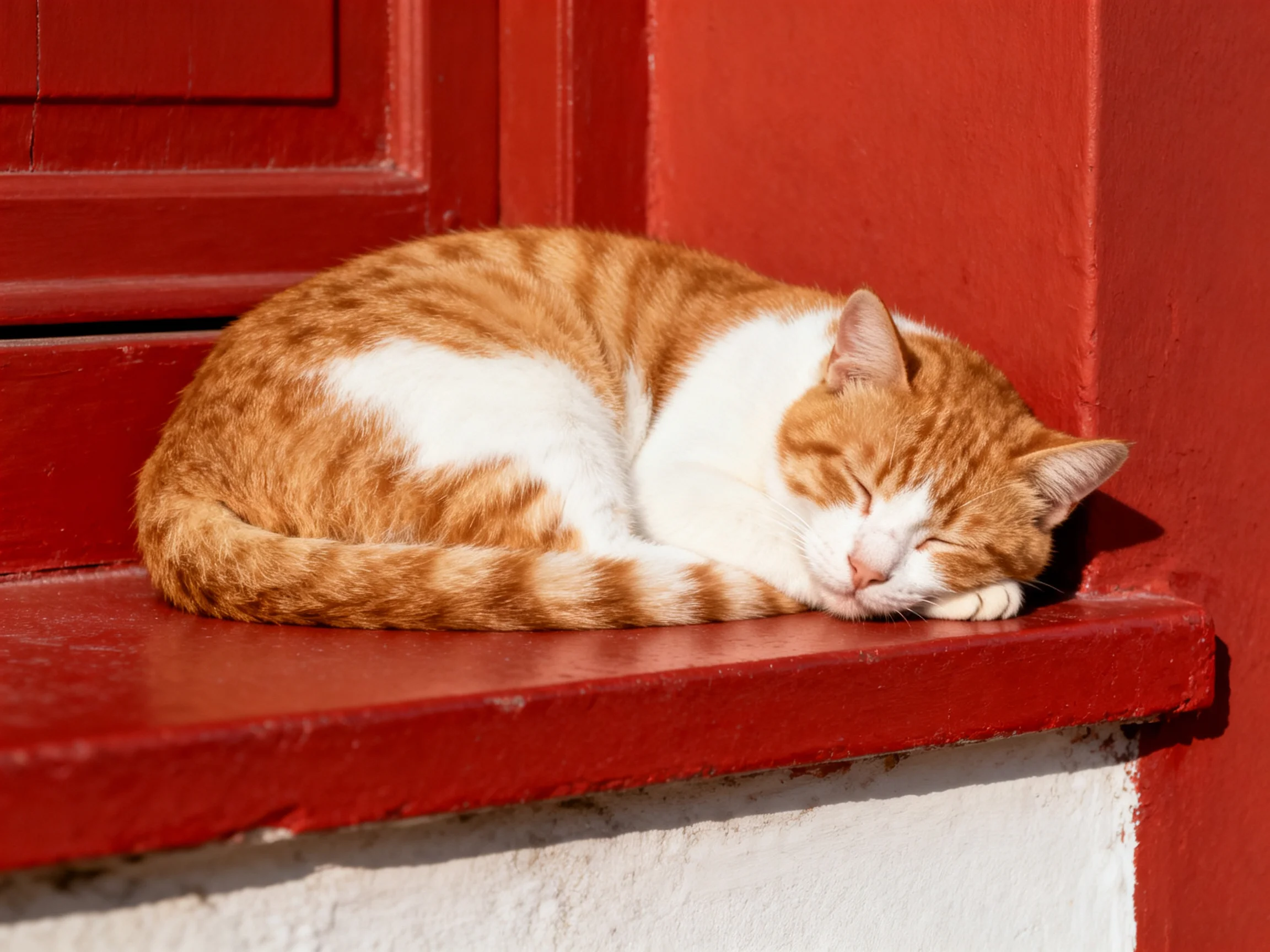 A ginger and white cat rests on a bright red windowsill