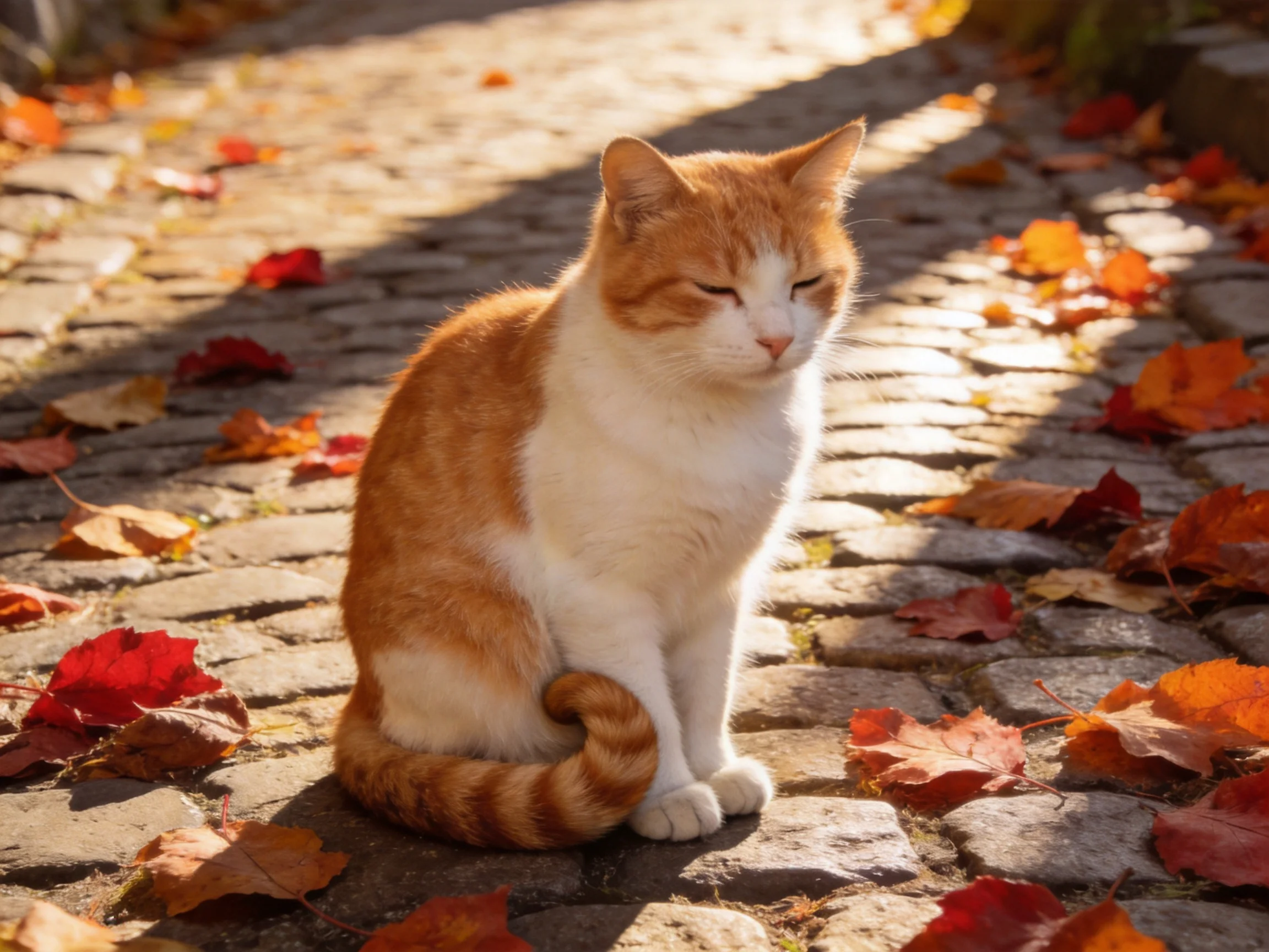 A ginger and white cat rests on a cobblestone path with fallen autumn leaves.