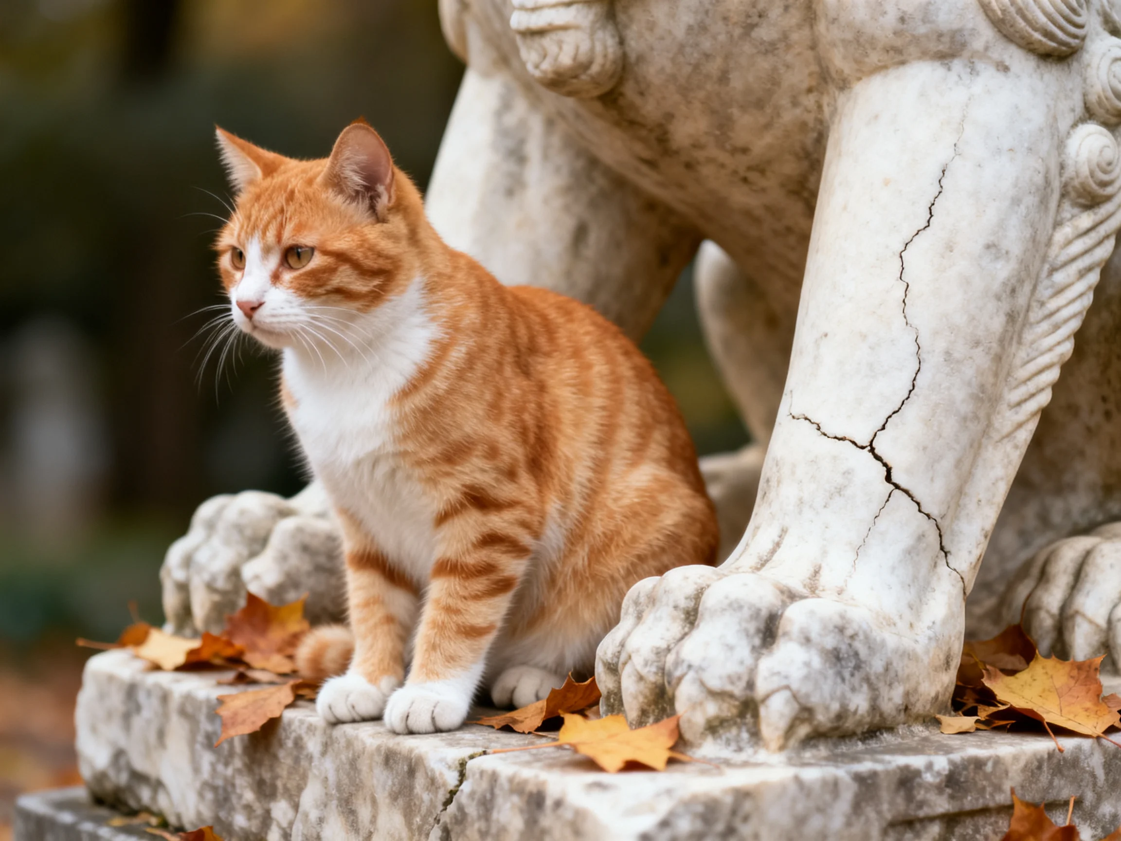 A ginger and white cat sits beside a weather stone lion statue with autumn leaves