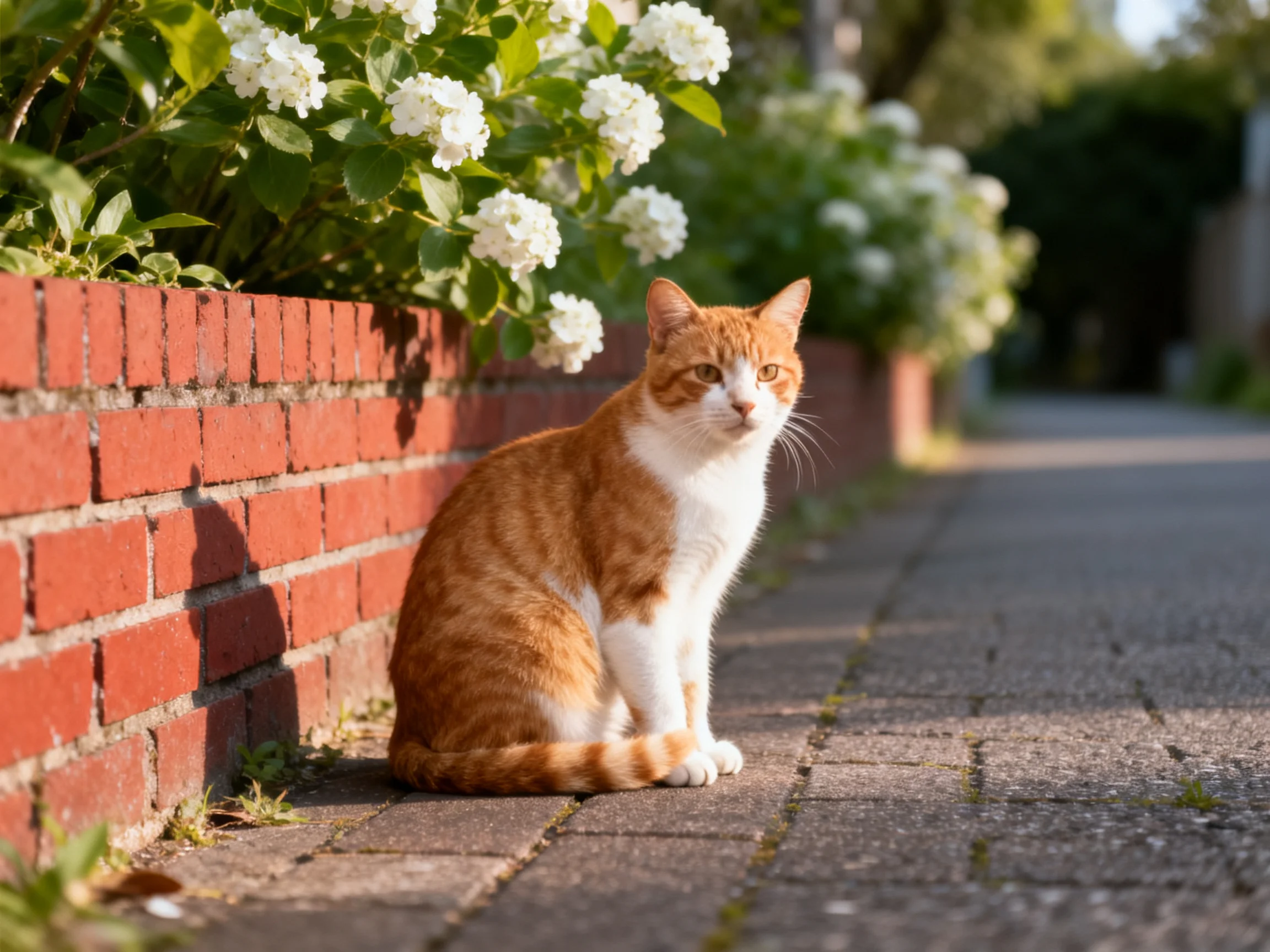 A ginger and white cat sits by a red brick wall with white blooms