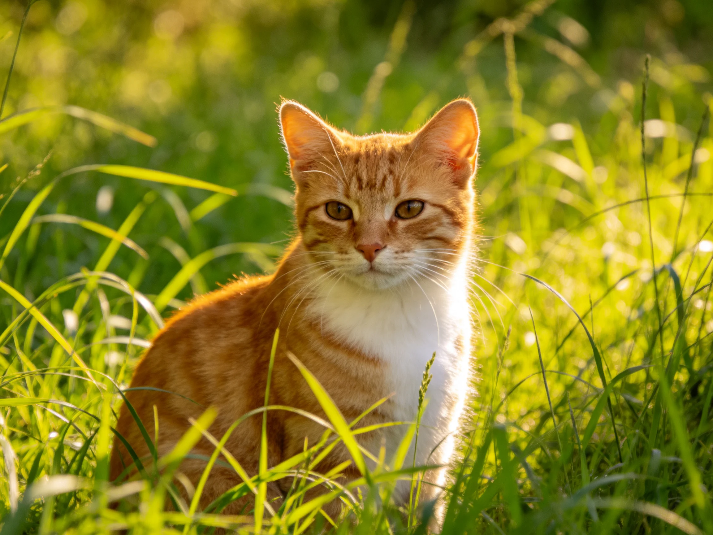 A ginger and white cat sits calmly in sunlit green grass.
