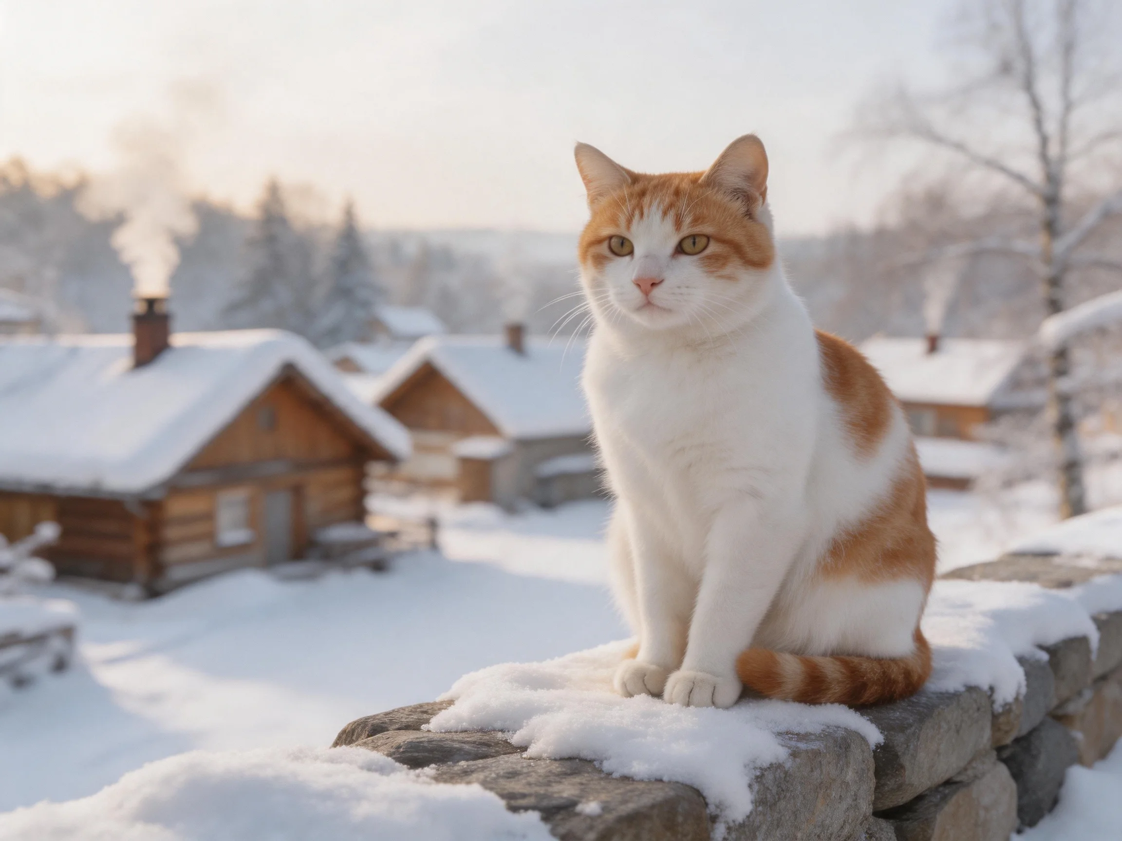 A ginger and white cat sits on a snow-covered stone wall in a snowy village.