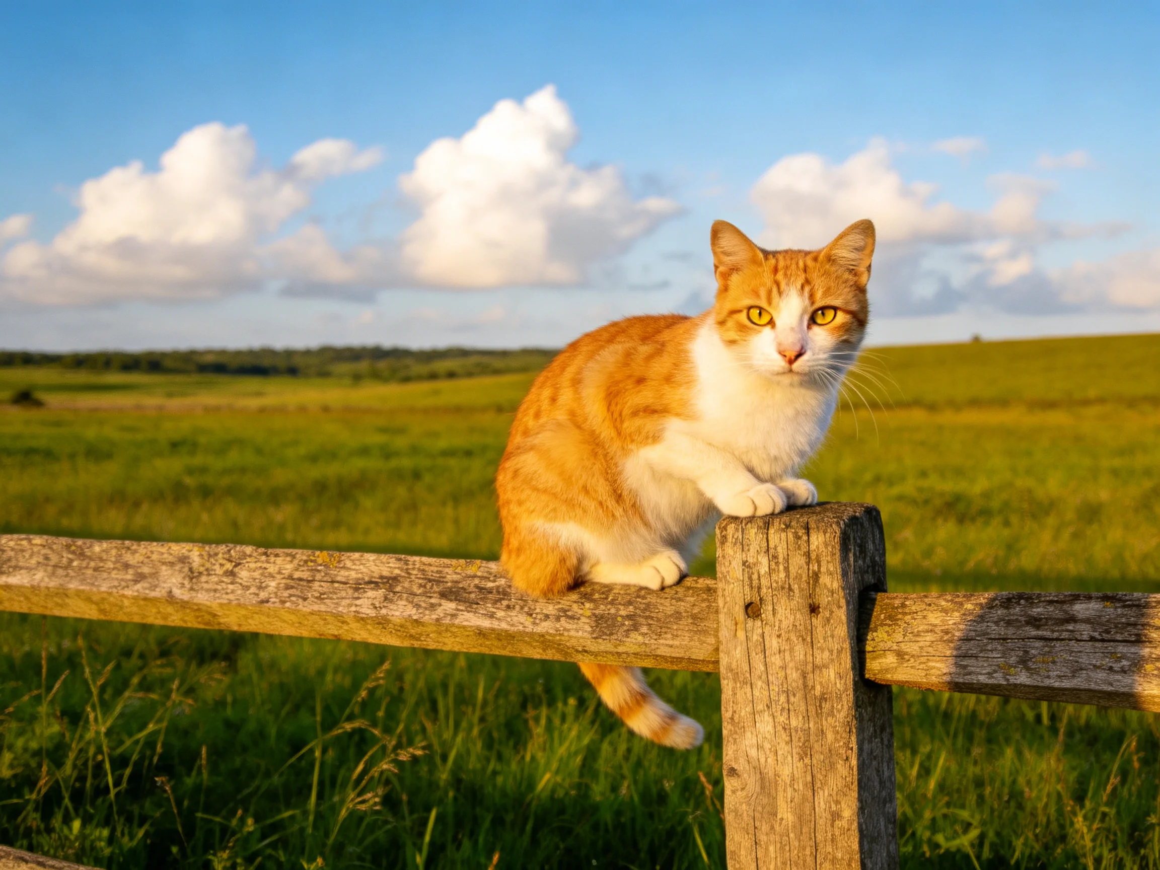 A ginger and white cat rests on a wooden fence in a sunlit open field.