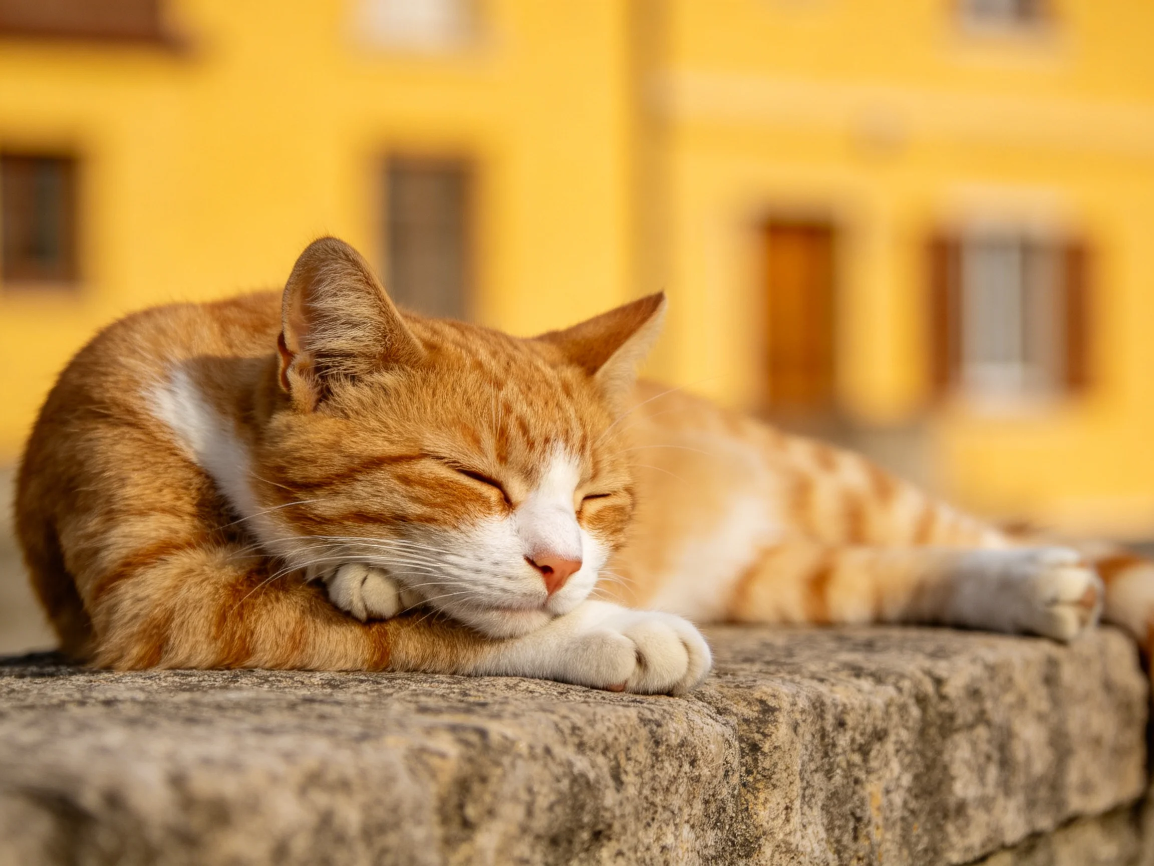 A ginger and white cat sleeps on a stone ledge with yellow buildings in the background.