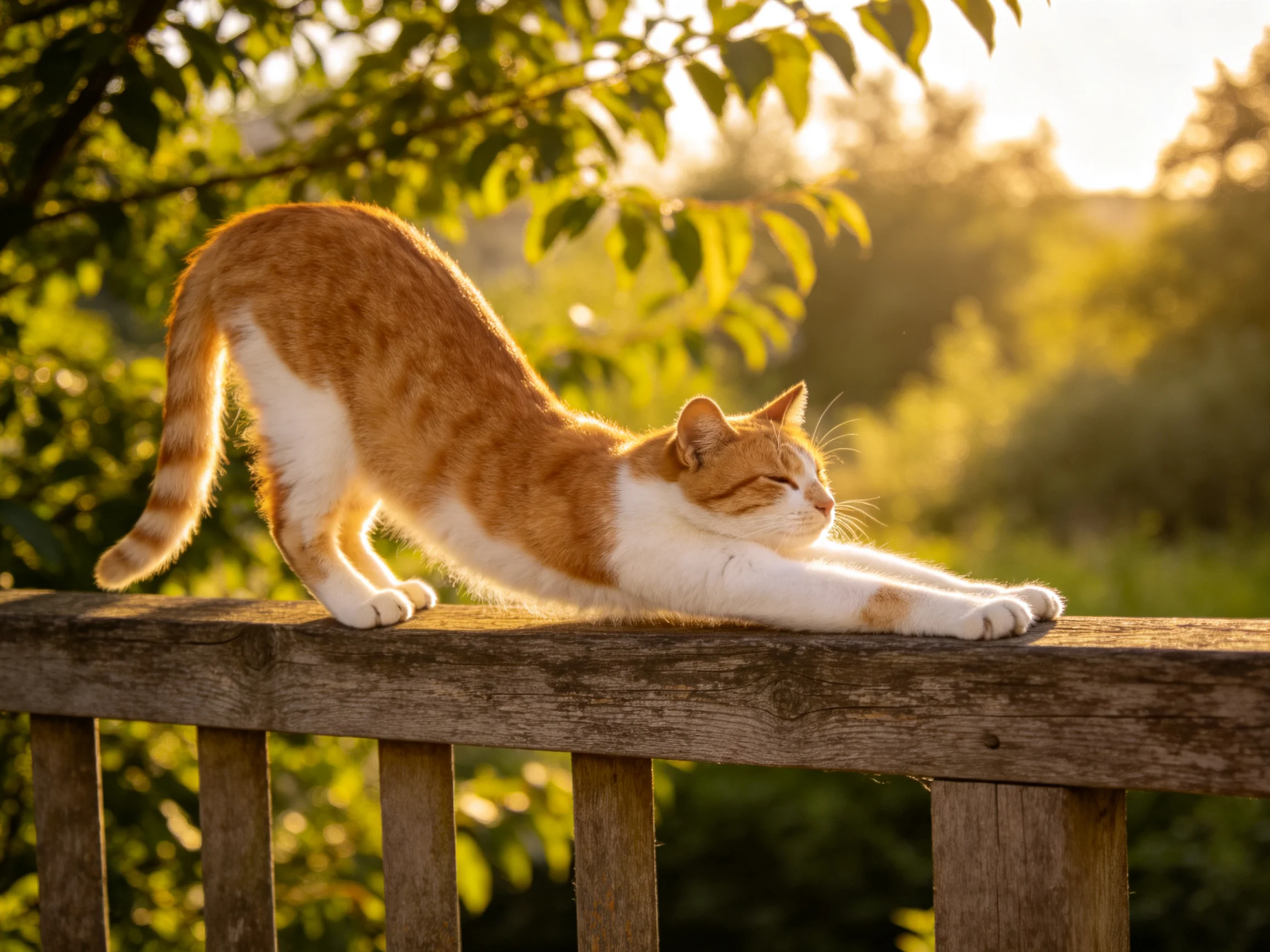 A ginger and white cat stretches on a weathered wooden fence amid golden sunlight