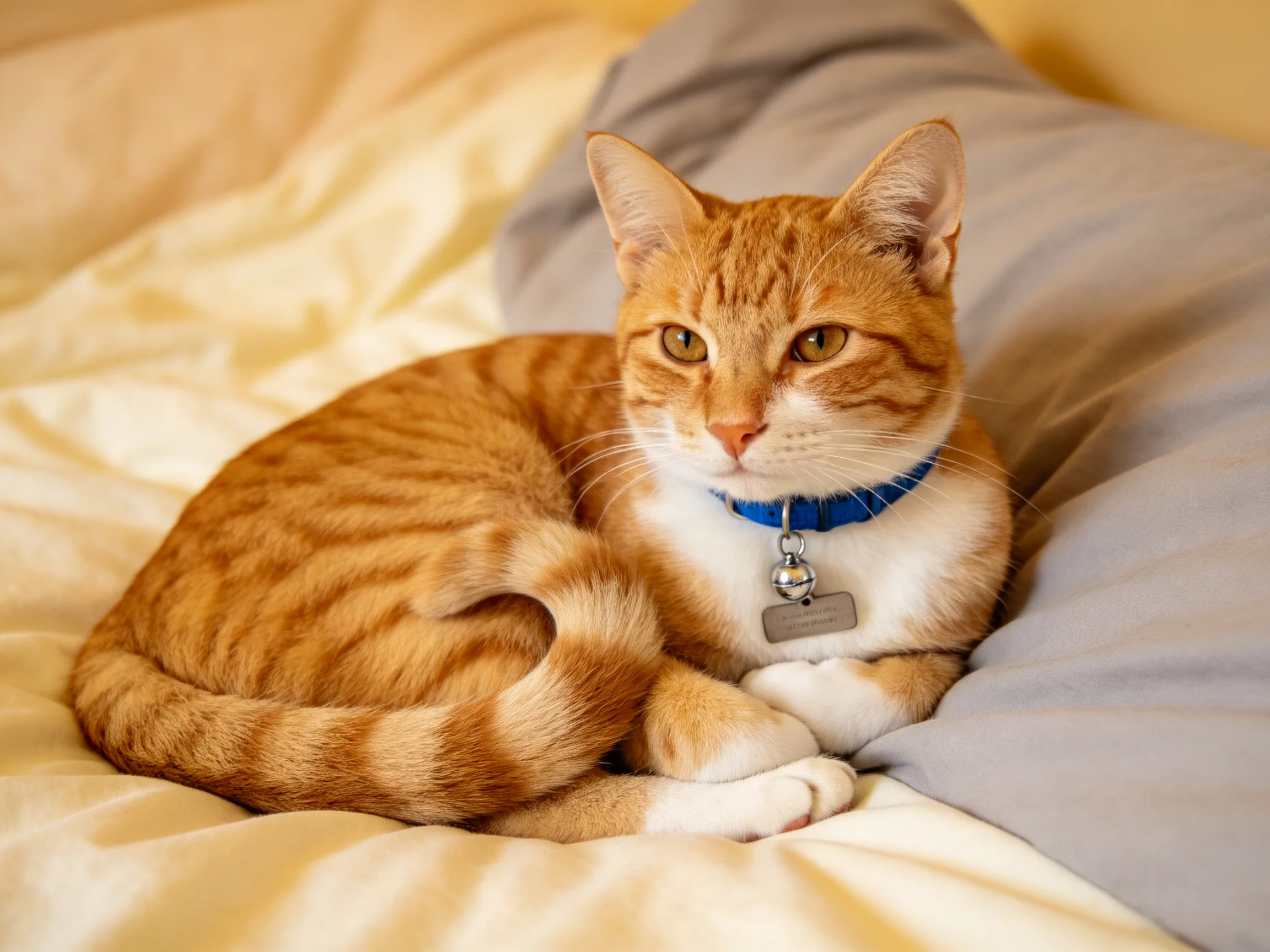 A ginger and white cat with a blue collar relaxes on soft bedding.