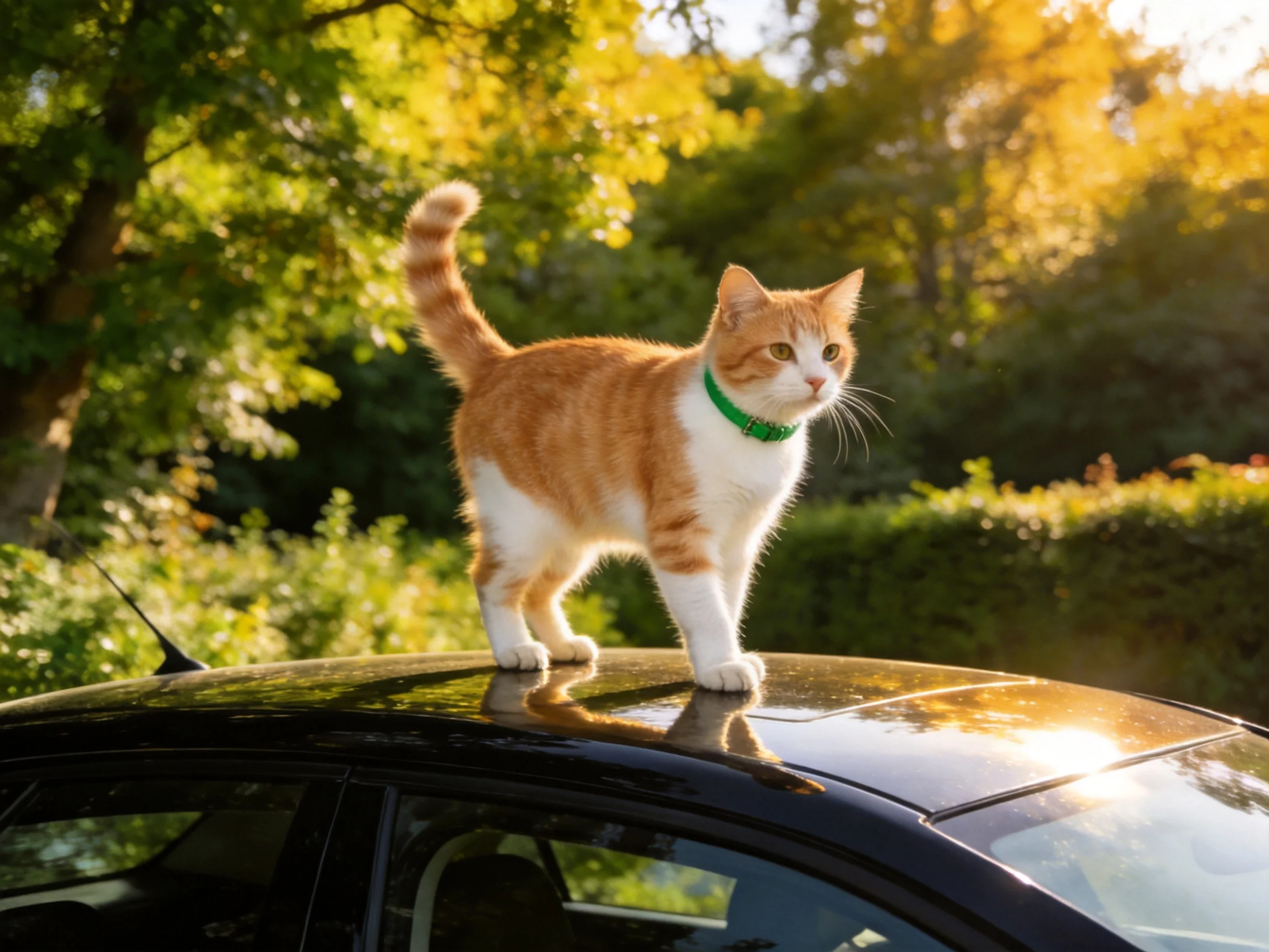 A ginger and white cat with a green collar stands atop a black car under golden sunlight