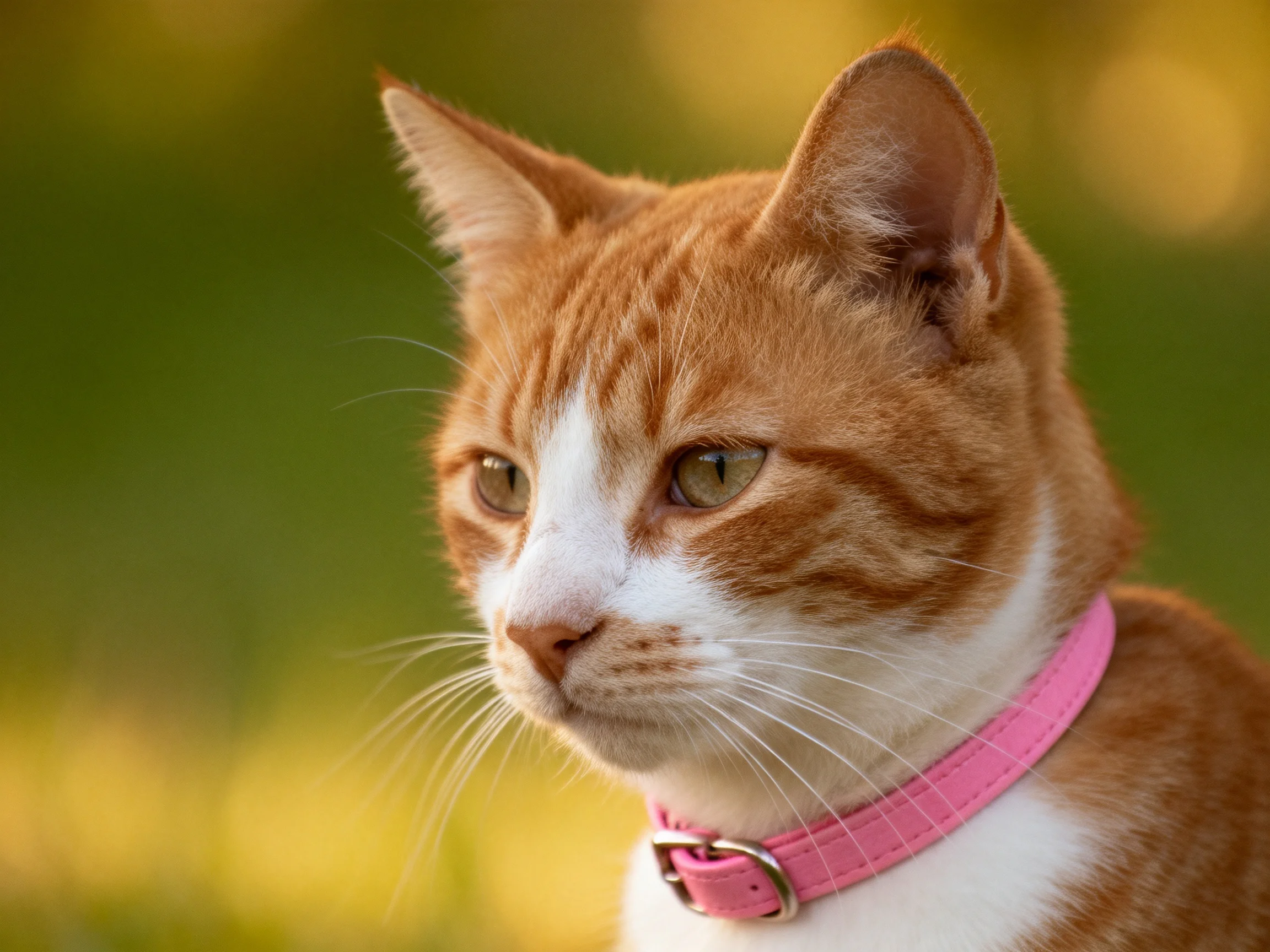 A ginger and white cat with a pink collar in an outdoor setting