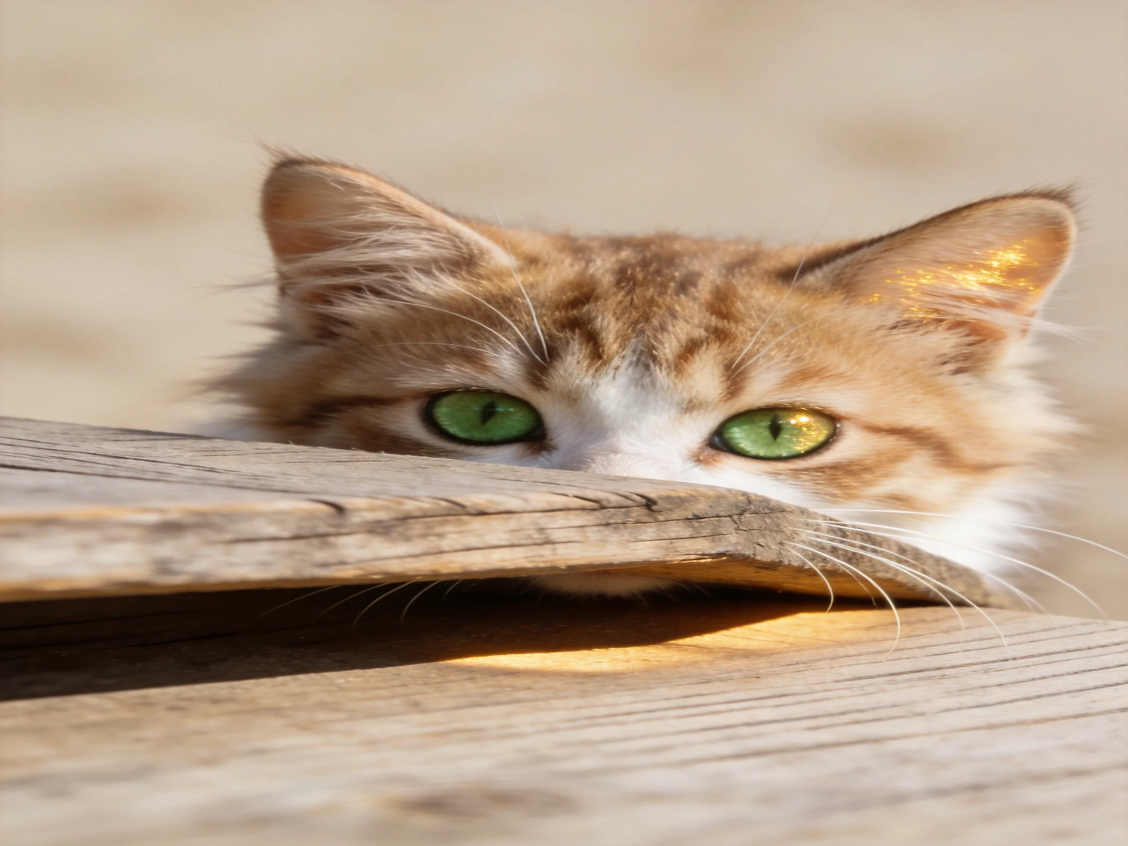 A ginger and white cat with green eyes hides behind aged wooden planks.