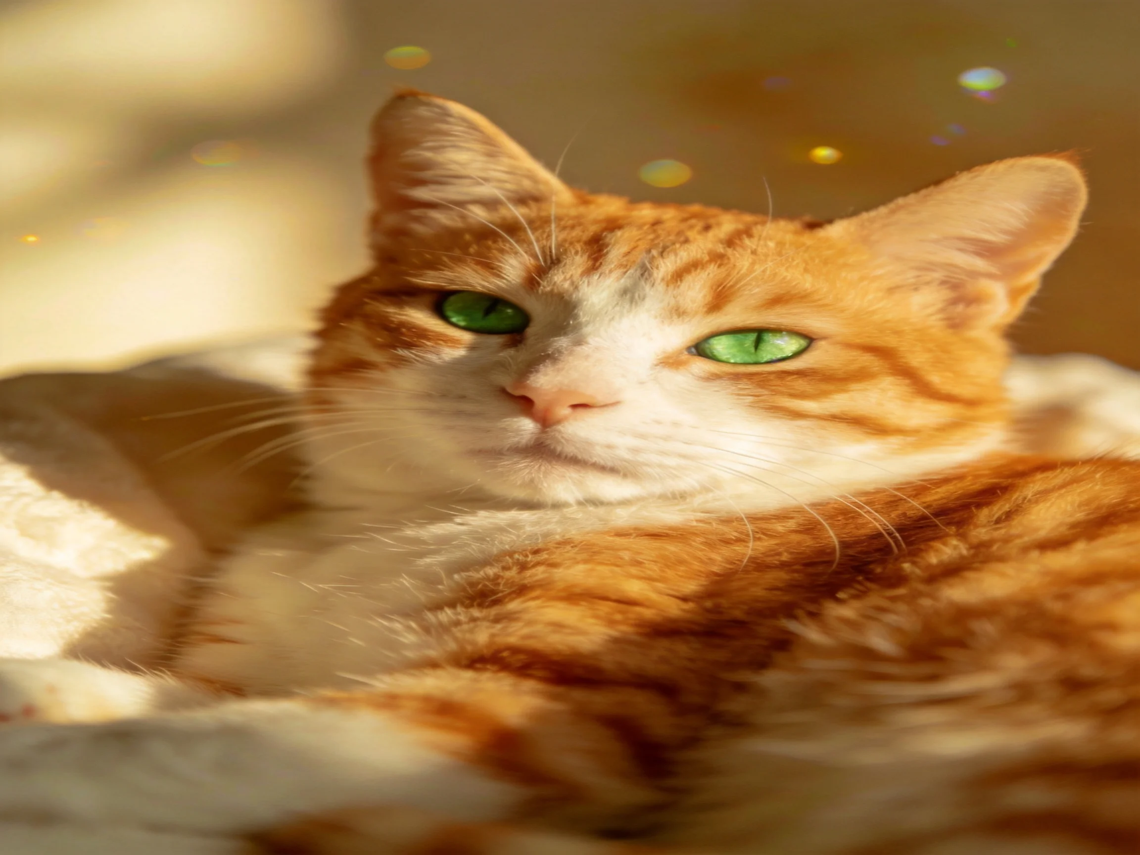 A ginger and white cat with striking green eyes rests in golden sunlight