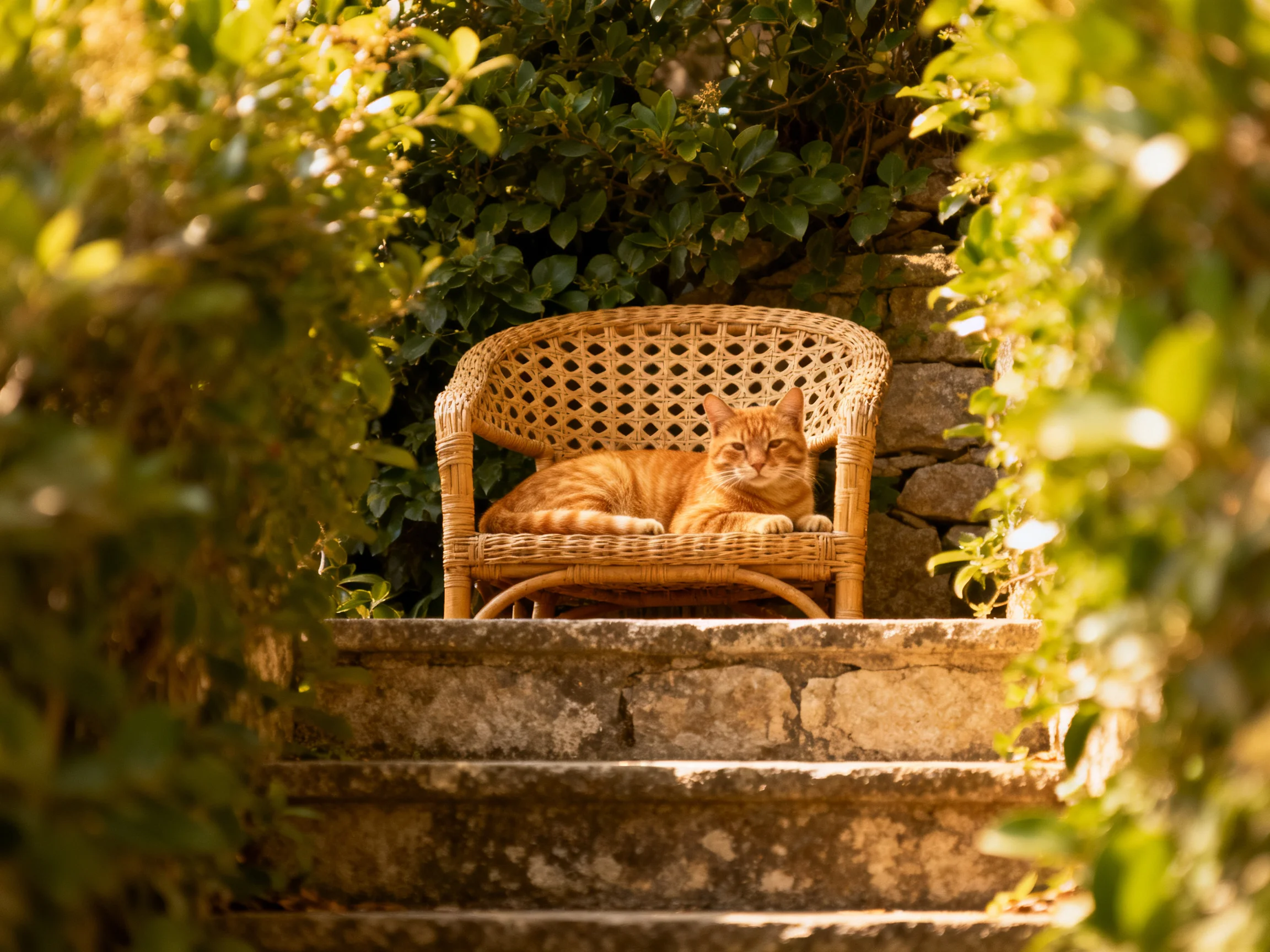A ginger cat lounges on a wicker chair atop stone steps surrounded by lush greenery