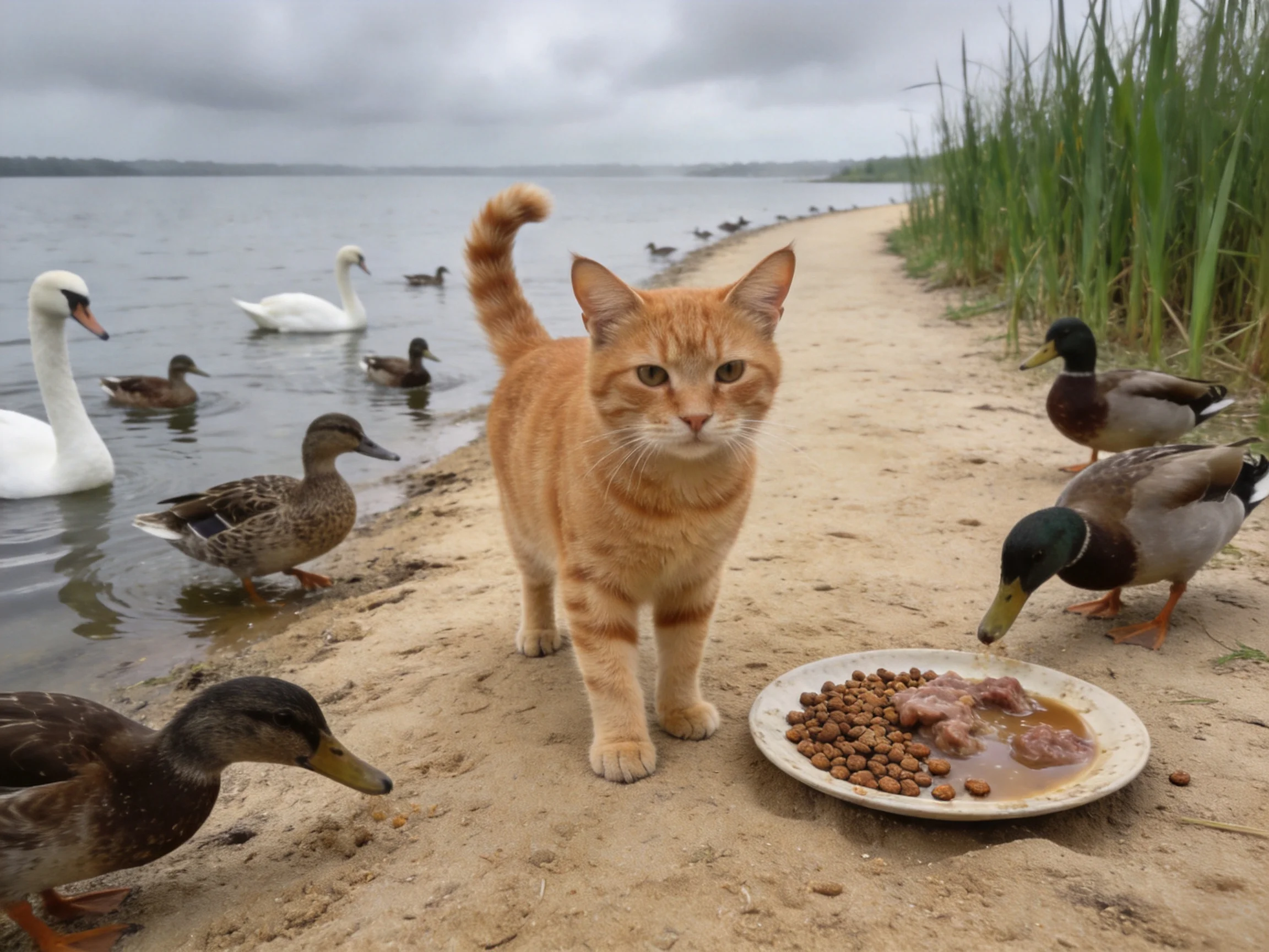 A ginger cat near water with ducks, swans, and pet food