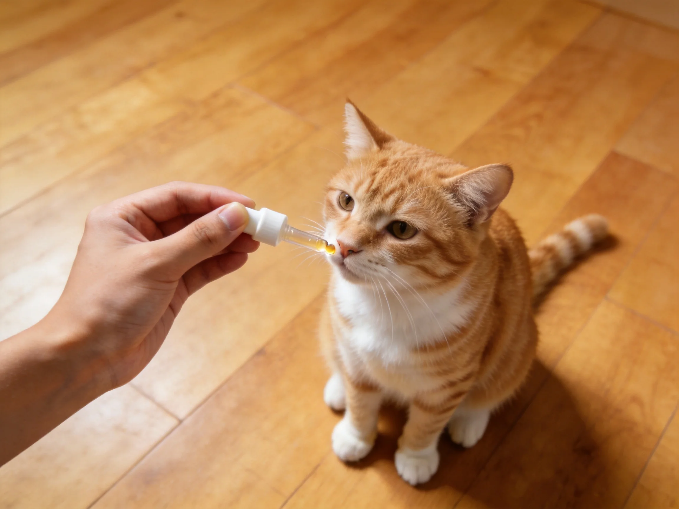 A ginger cat receives medicine via a dropper on wooden flooring