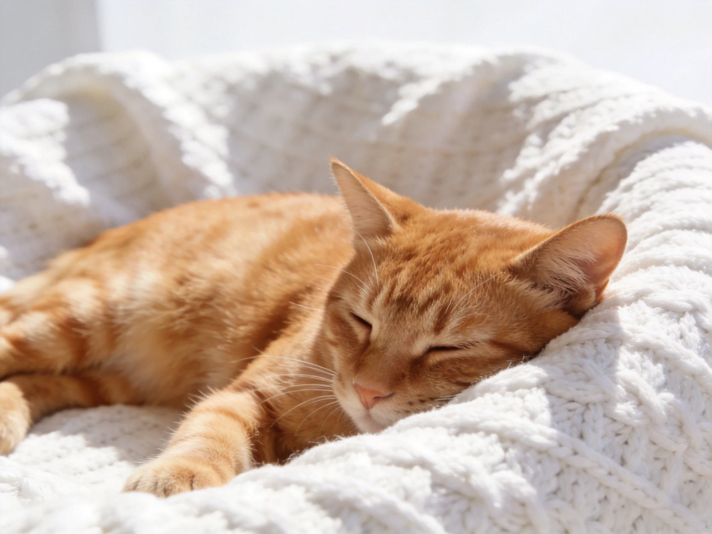 A ginger cat sleeps on a textured white knitted blanket in sunlight