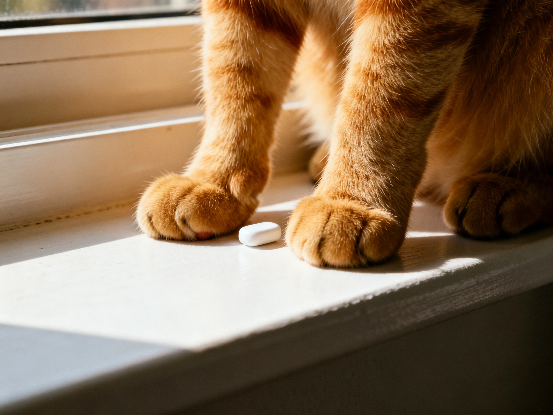 A ginger cat’s paws rest beside a small white object on a sunlit windowsill