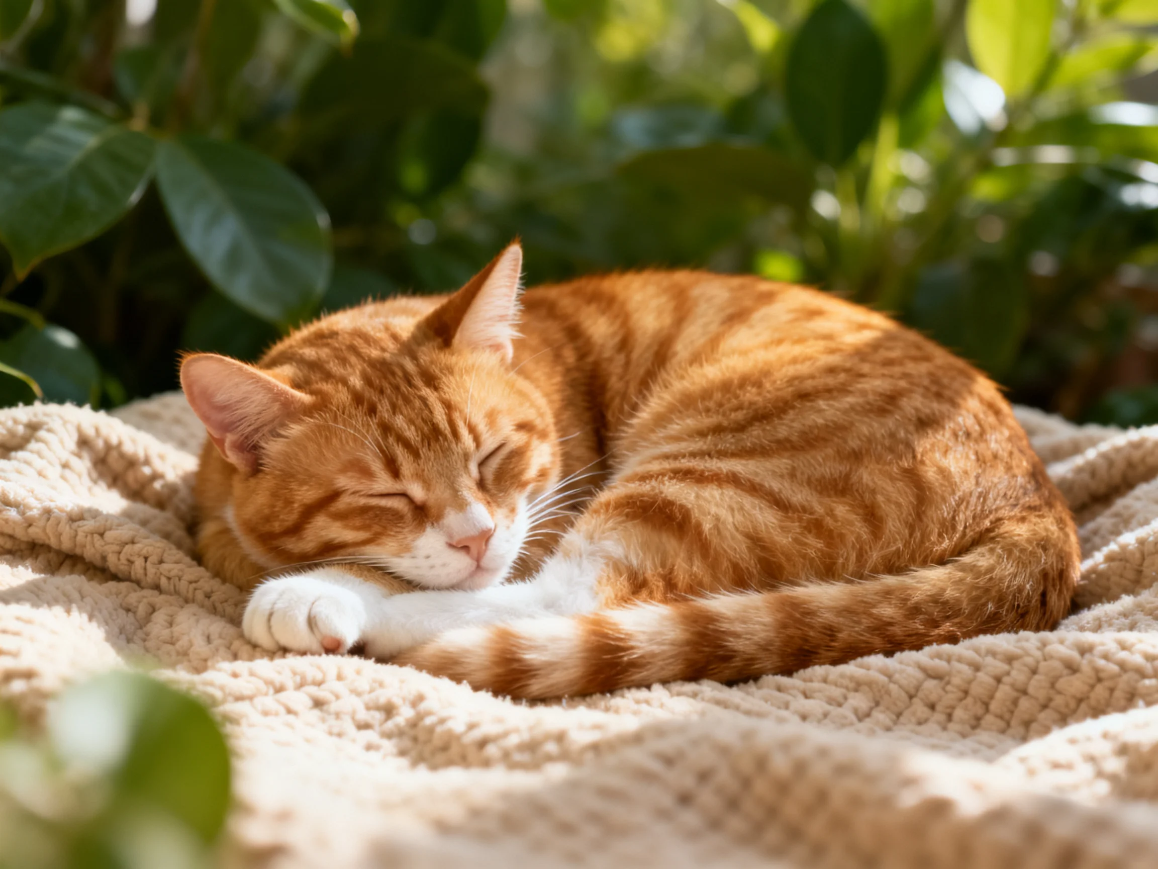 A ginger tabby cat curls asleep on a beige blanket near greenery