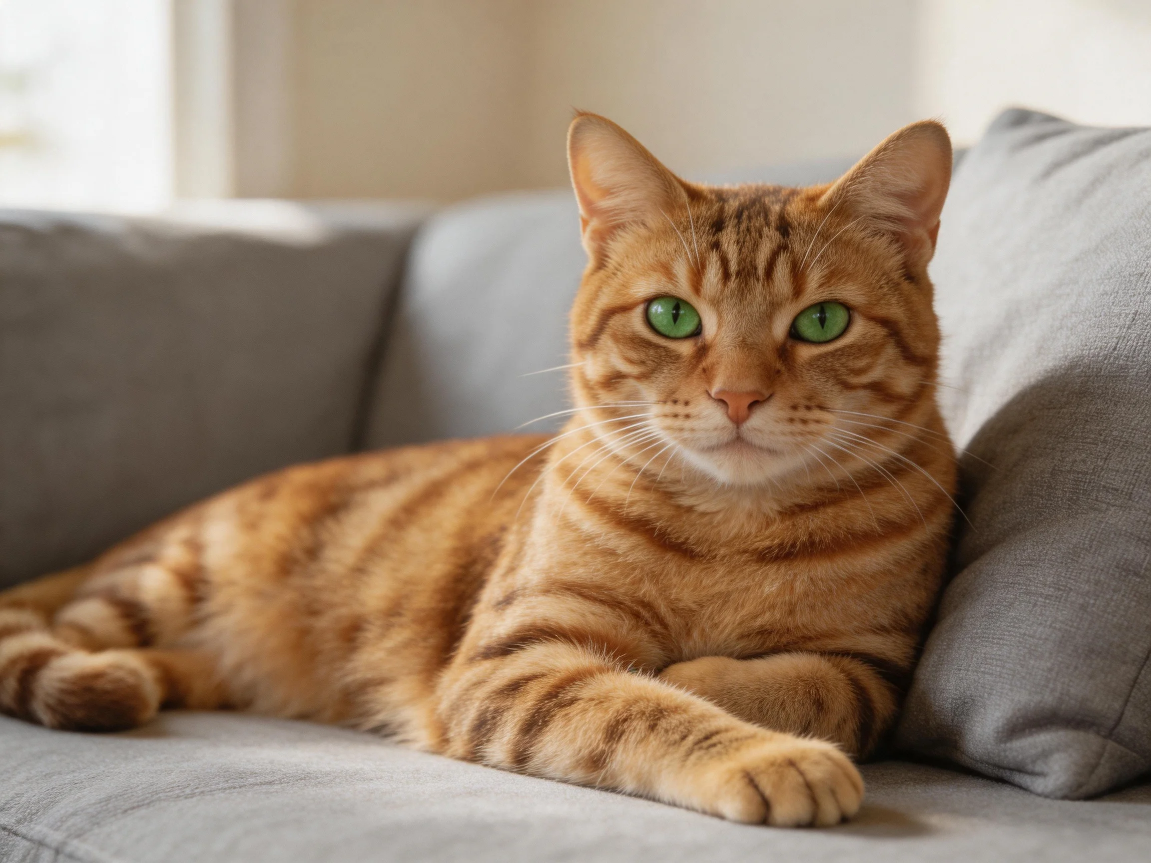 A ginger tabby cat lounges on a gray couch with green eyes