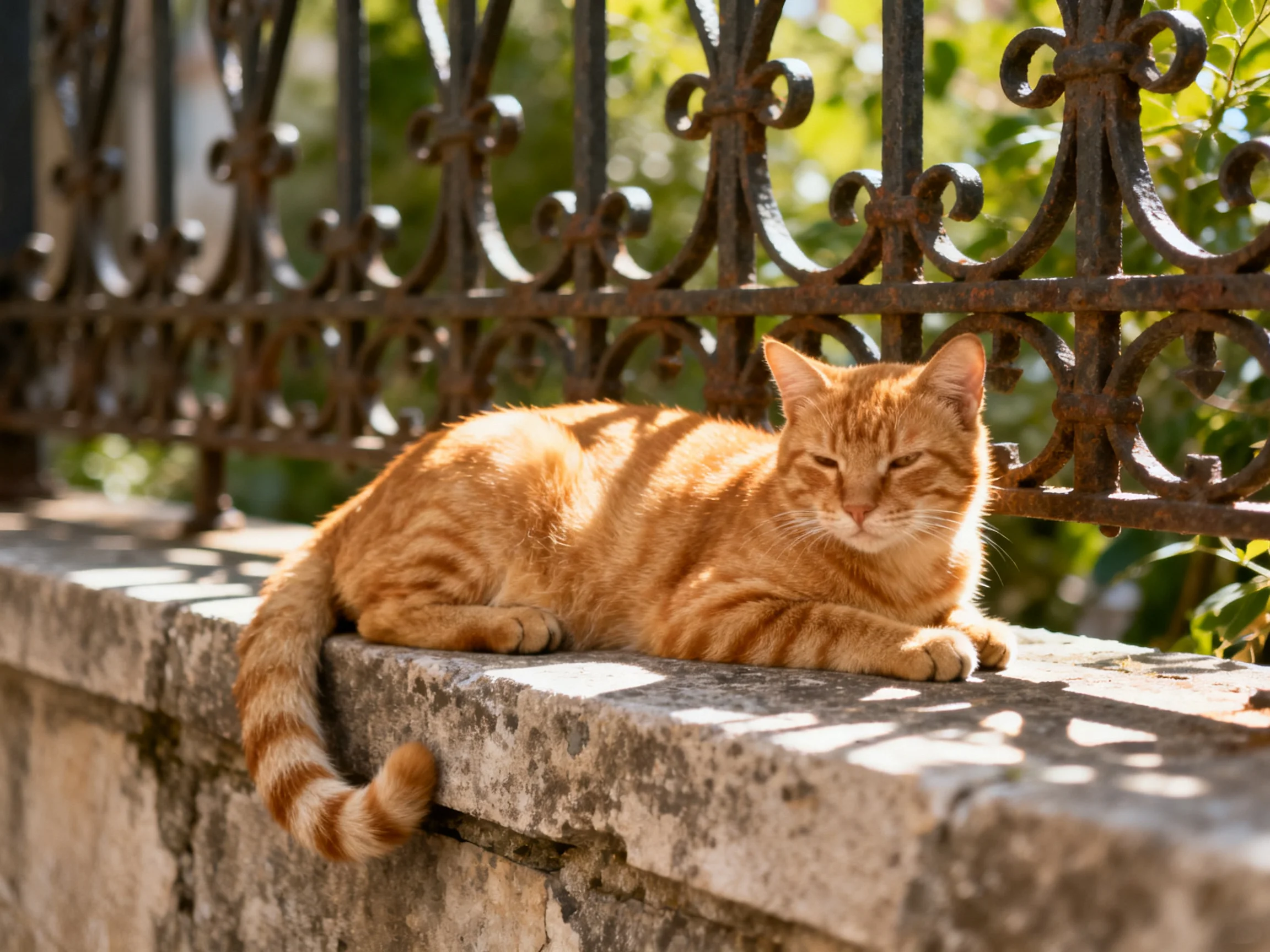 A ginger tabby cat lounges on a weathered stone ledge near ornate iron fencing