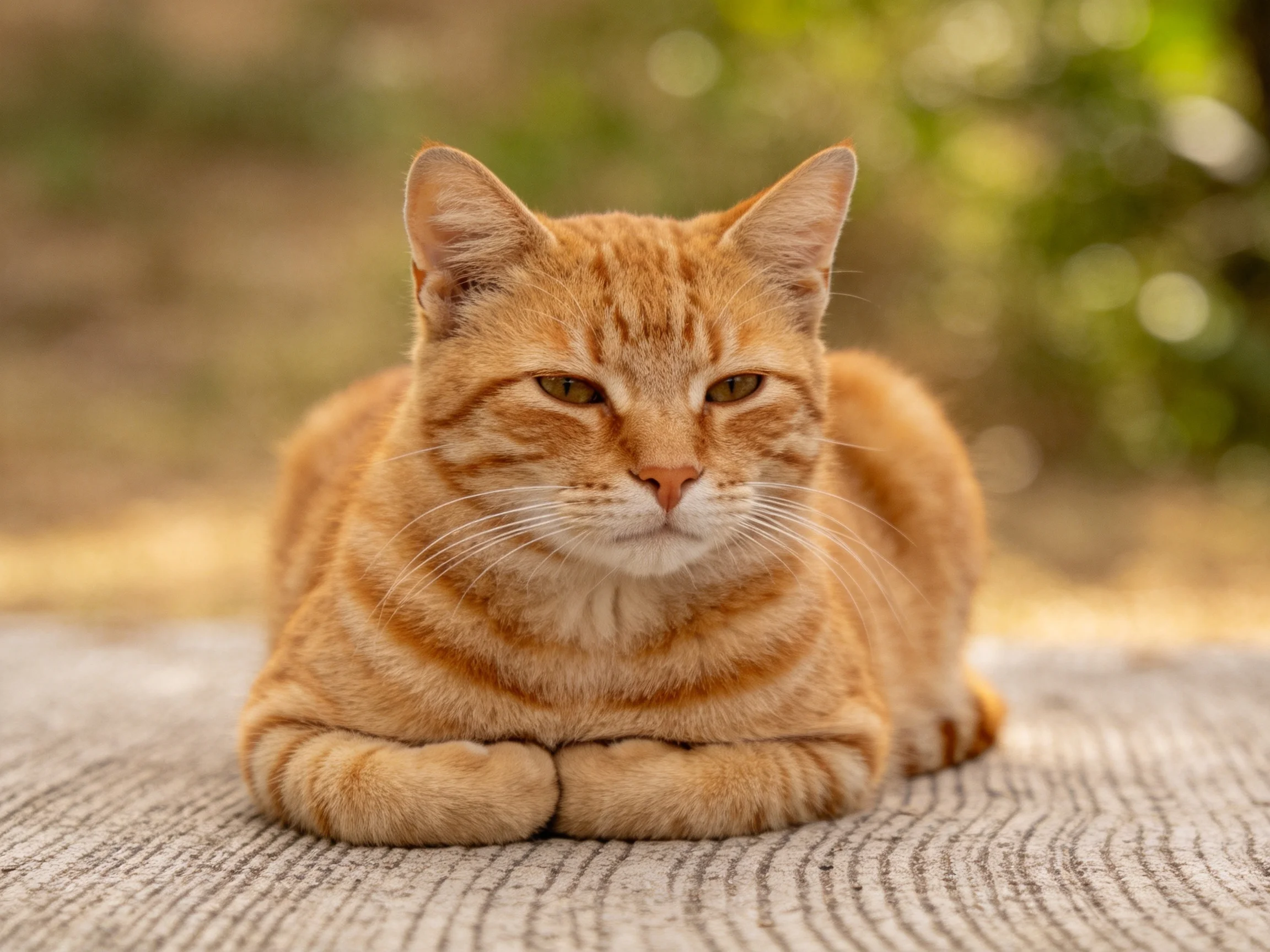 A ginger tabby cat lounging on a textured outdoor surface