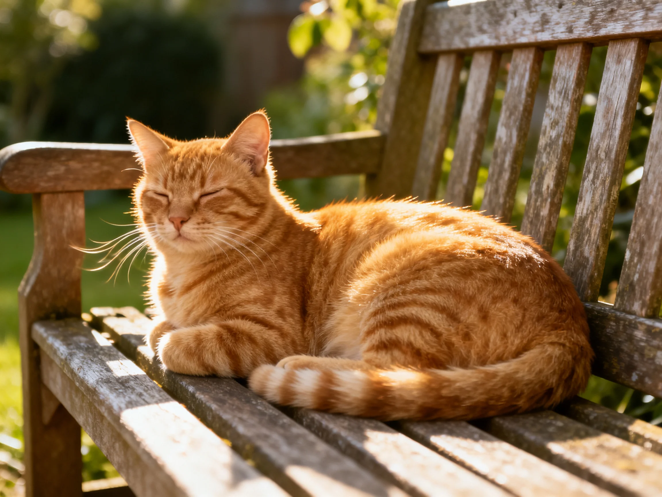 A ginger tabby cat lounging on a weathered wooden bench in sunlight