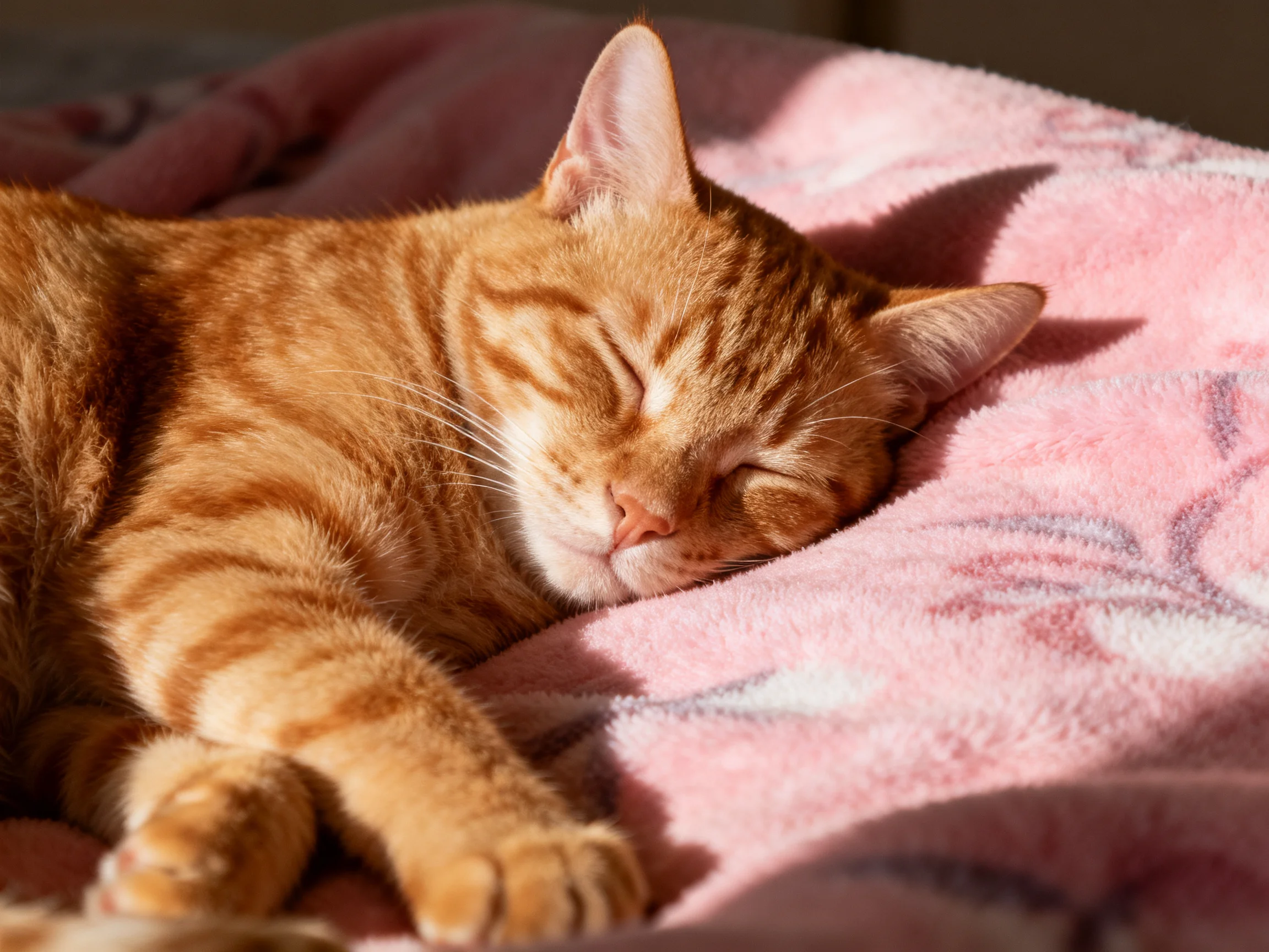 A ginger tabby cat naps on a soft pink blanket with floral patterns