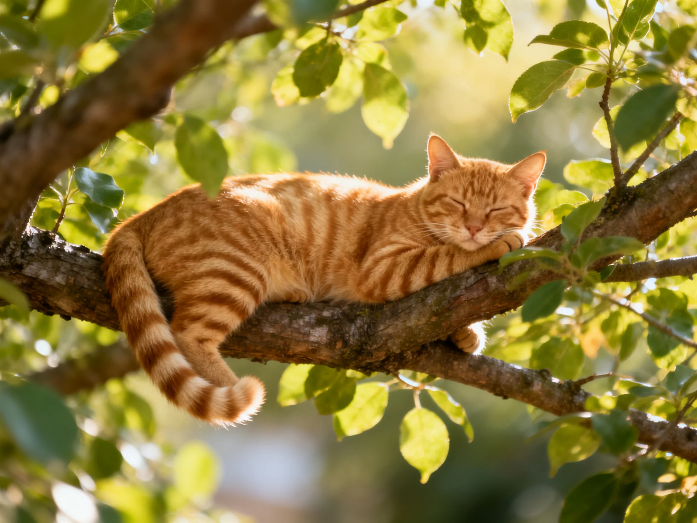 A ginger tabby cat naps on a sunlit tree branch surrounded by green leaves