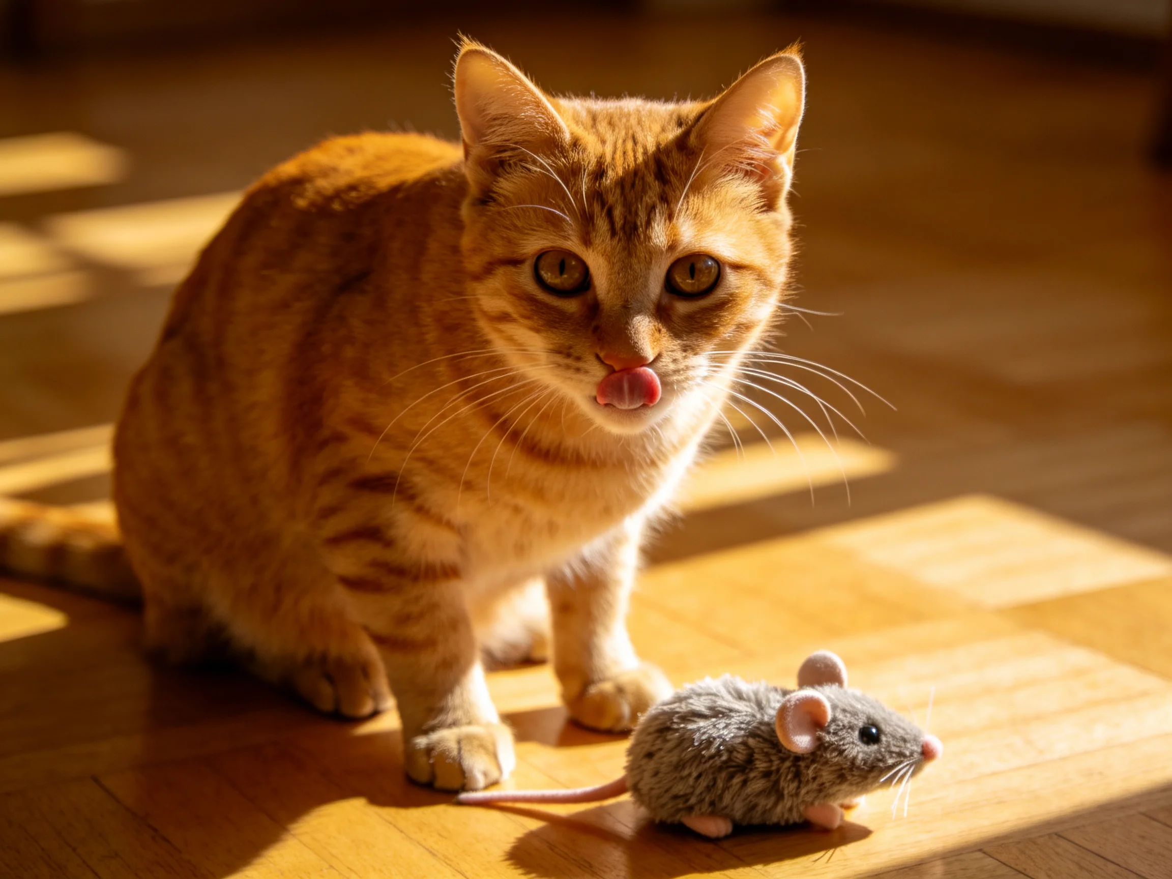 A ginger tabby cat observes a gray plush mouse on a sunlit wooden floor