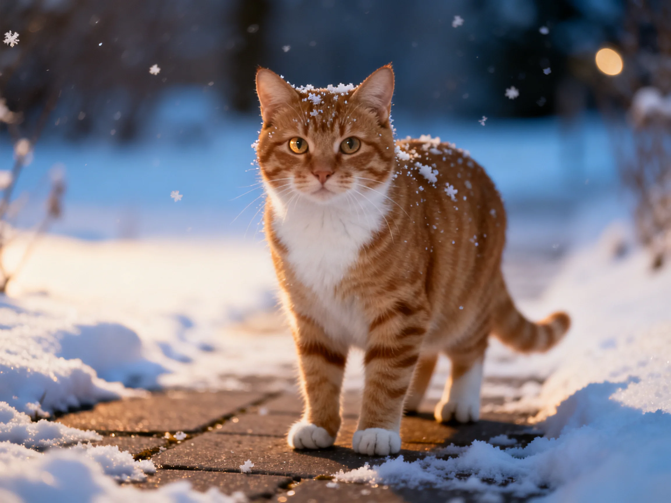 A ginger tabby cat on a snow-dusted brick path with falling snowflakes