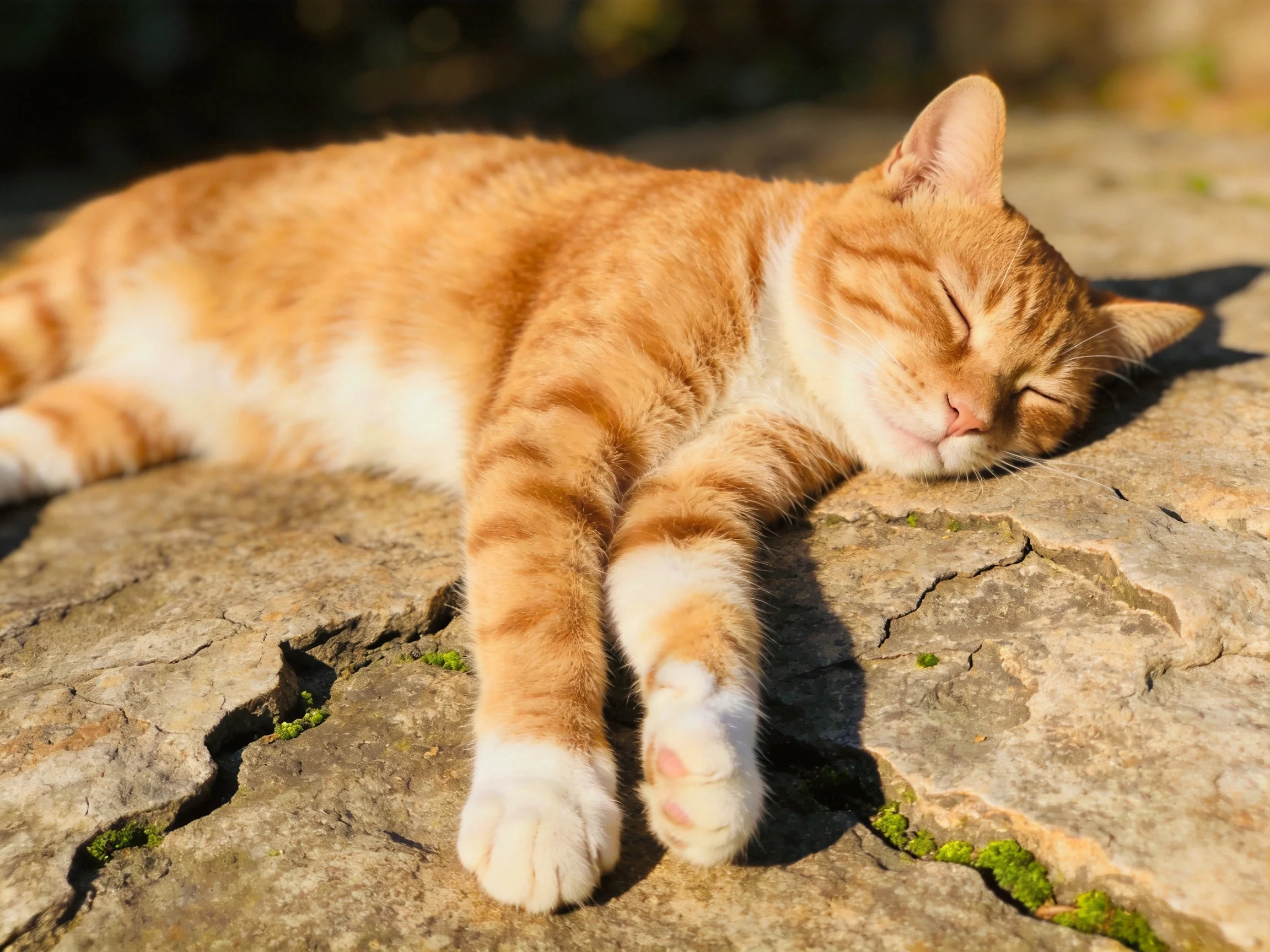 A ginger tabby cat peacefully naps on textured stone slabs