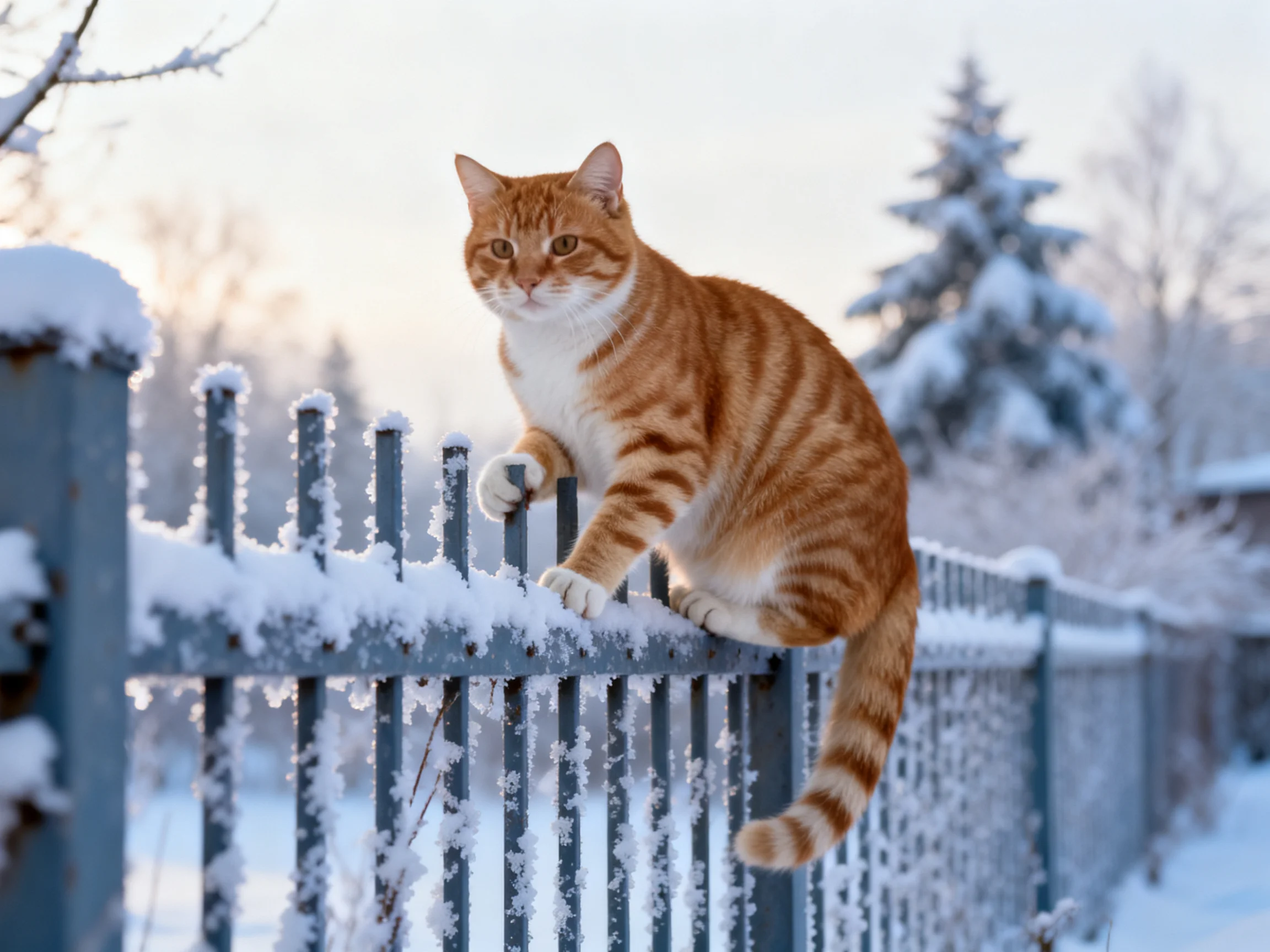 A ginger tabby cat perches on a snow-covered metal fence