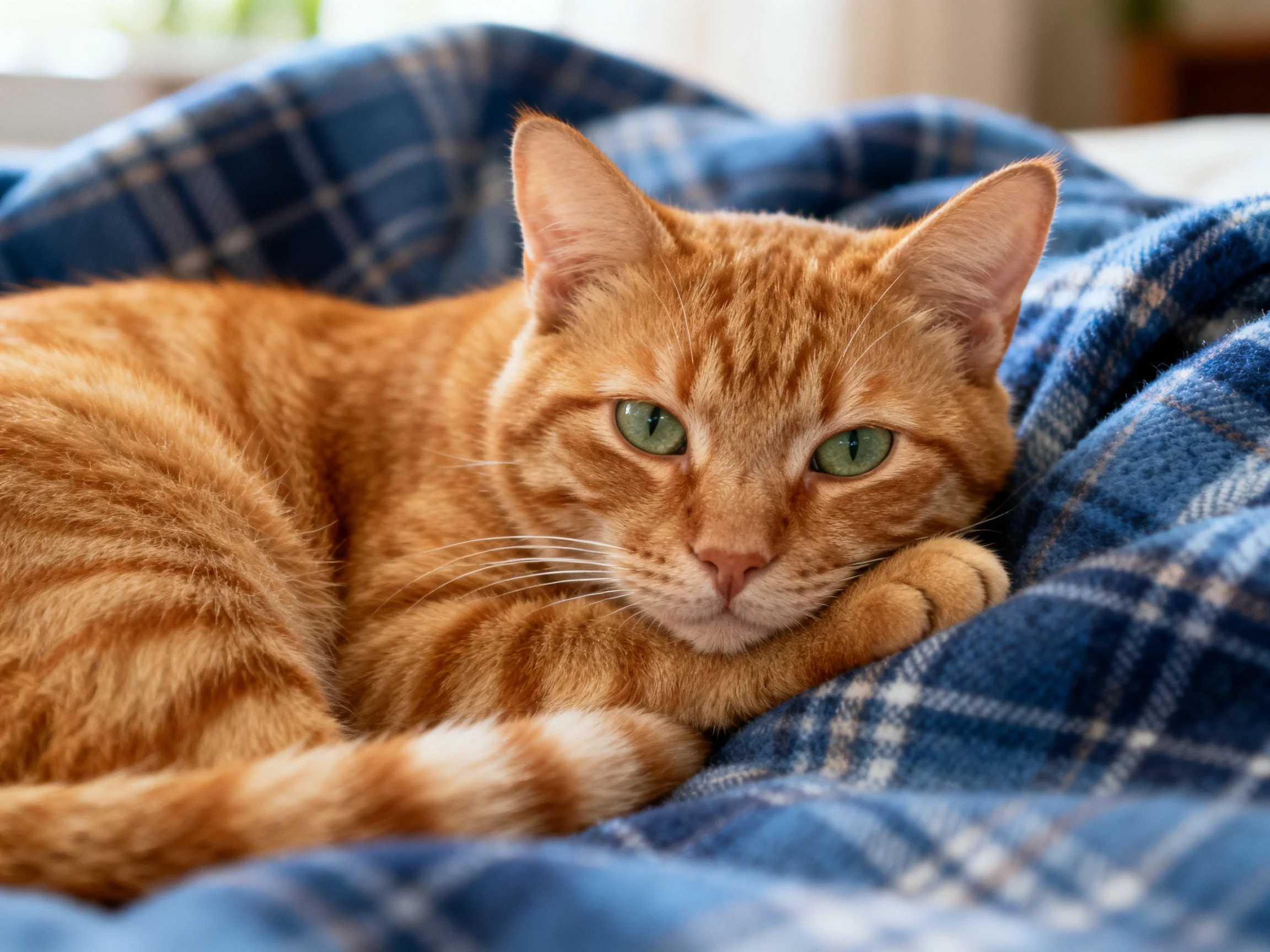 A ginger tabby cat reclines on a blue plaid blanket indoors