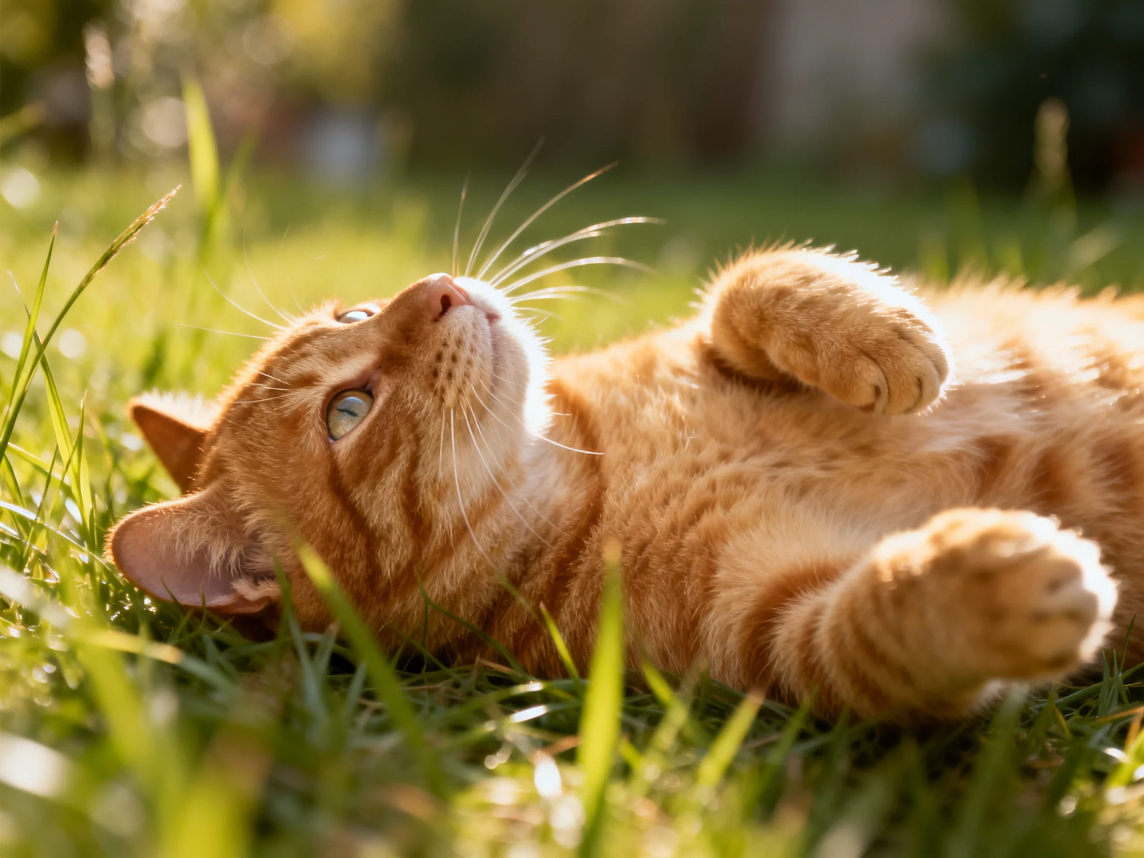 A ginger tabby cat reclines on sun-drenched green grass