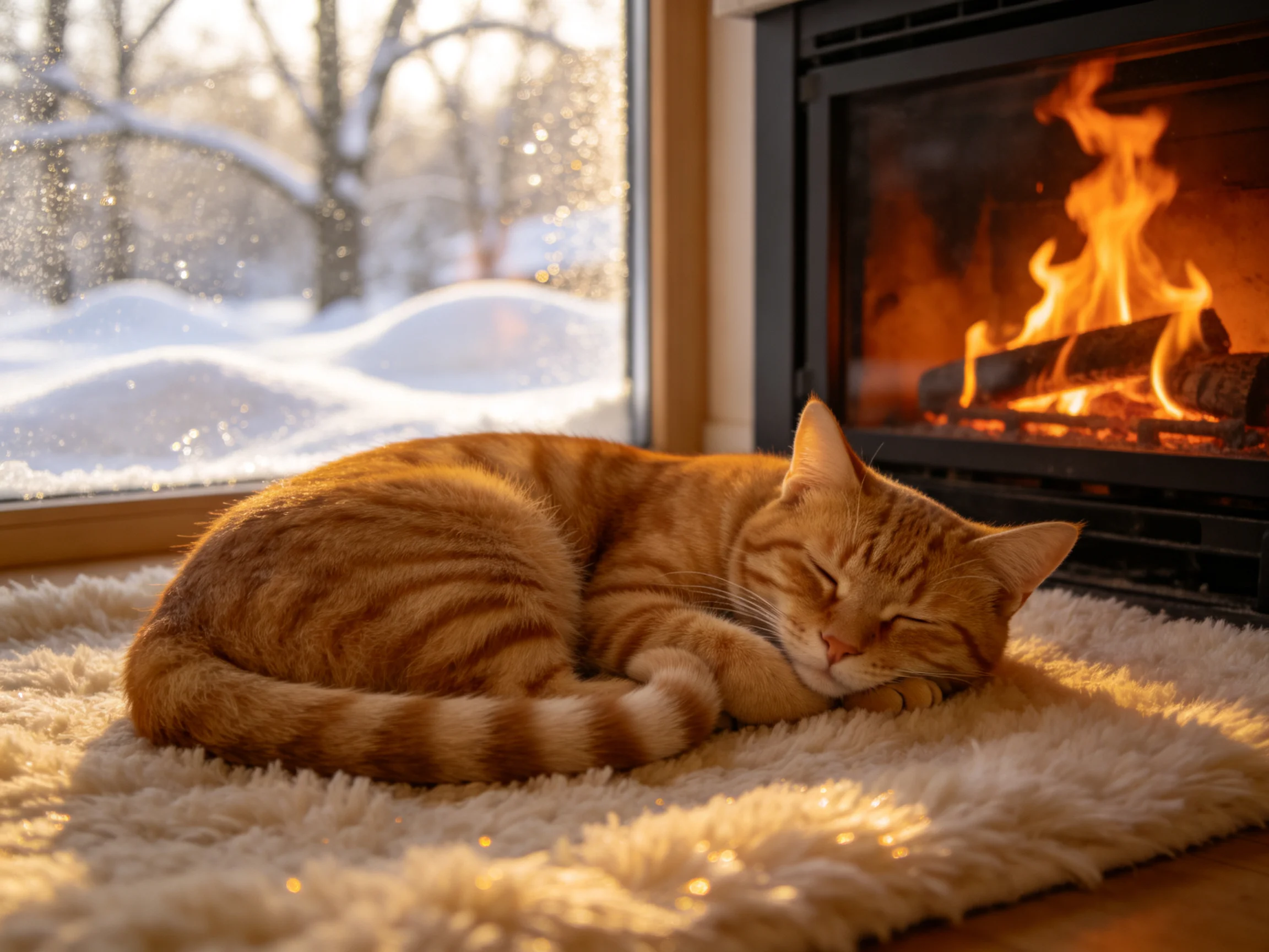 A ginger tabby cat relaxes on a plush rug beside a blazing fireplace with a snowy winter backdrop