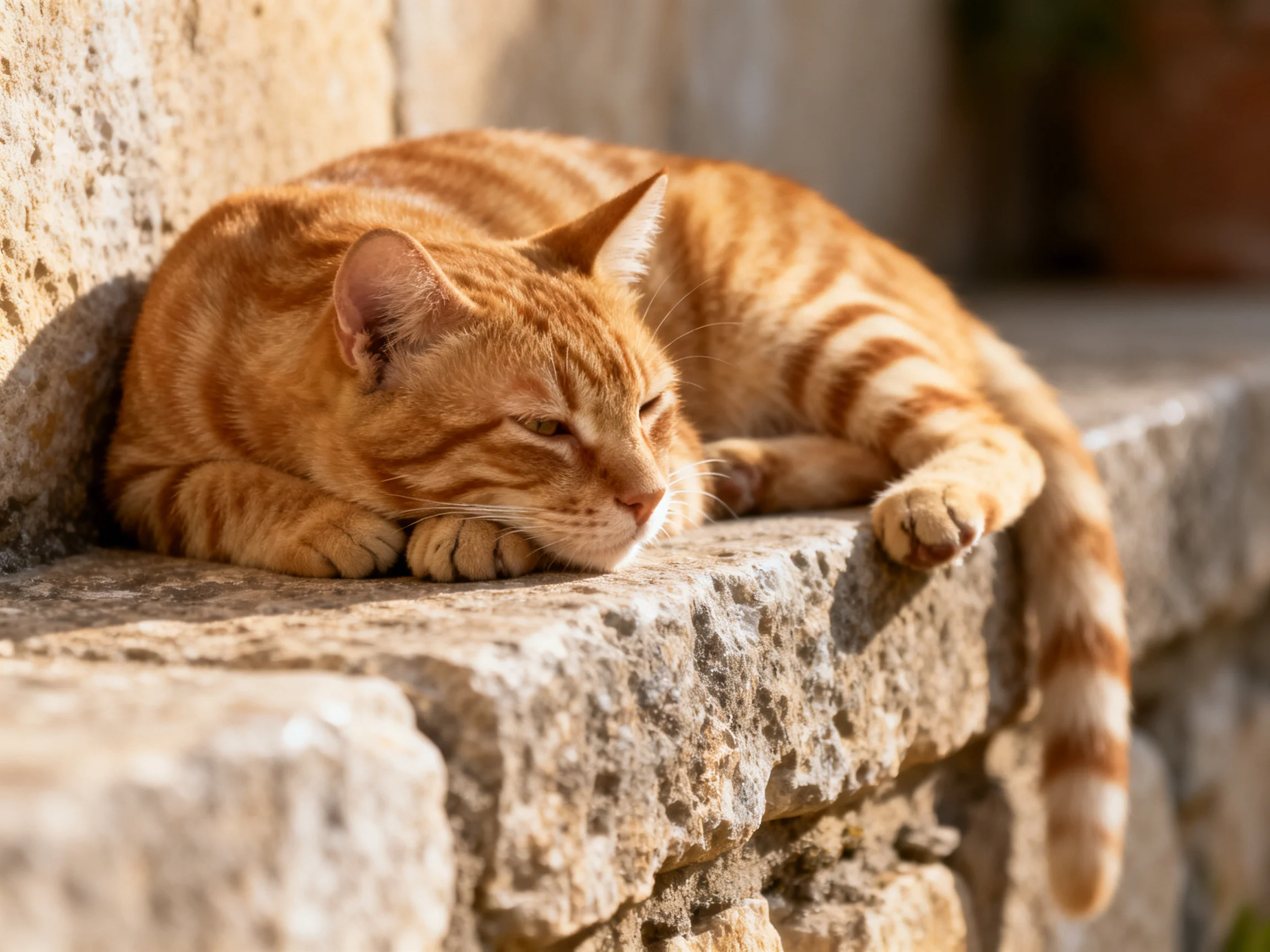 A ginger tabby cat rests on a stone ledge in sunlight.