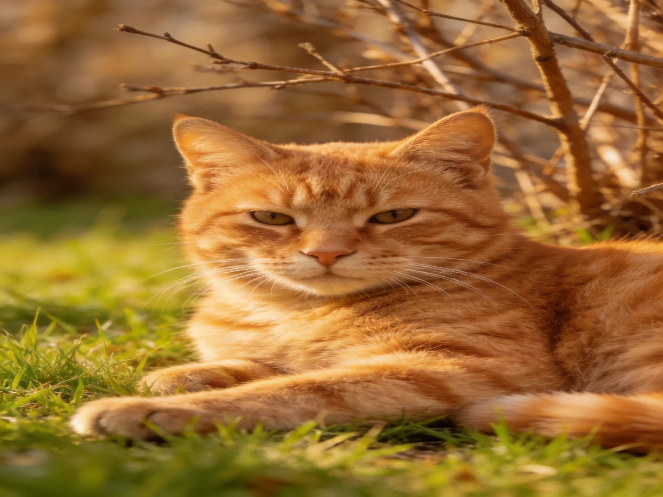 A ginger tabby cat resting on green grass near dry branches