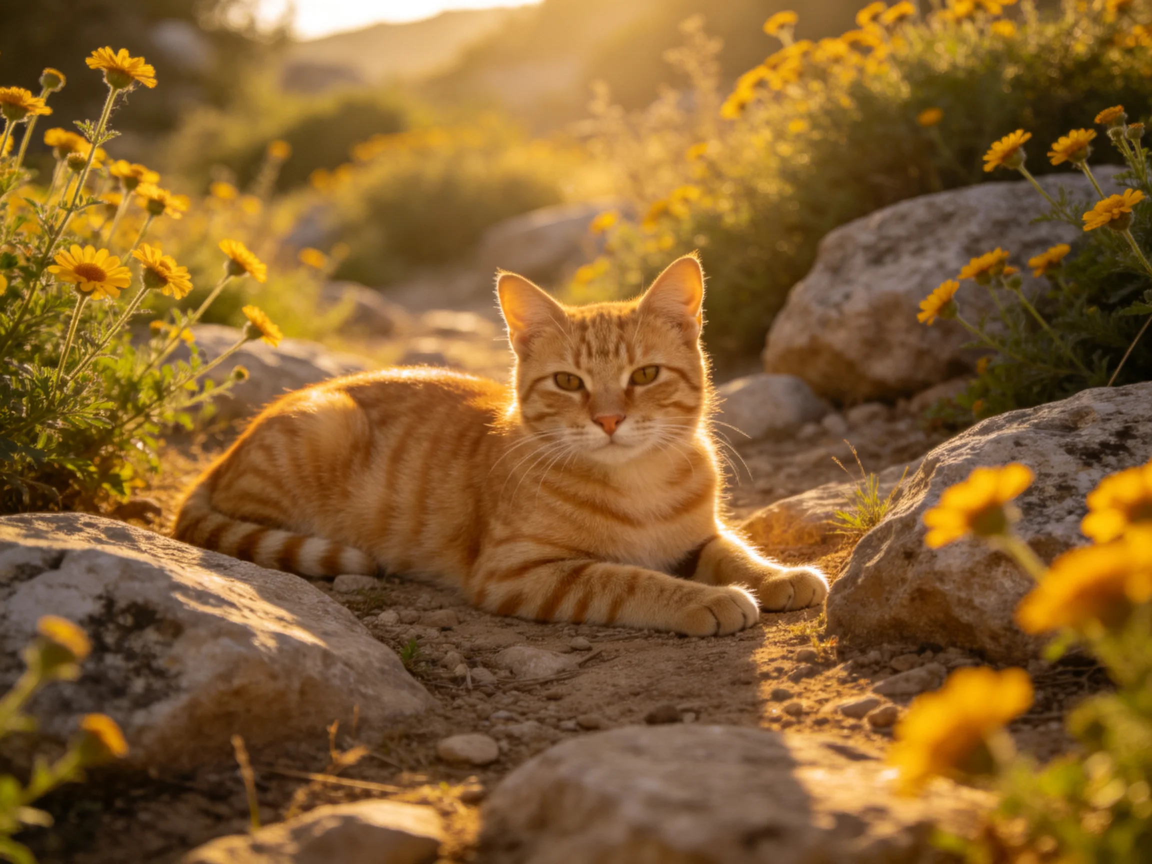 A ginger tabby cat rests among rocks and yellow wildflowers in golden sunlight