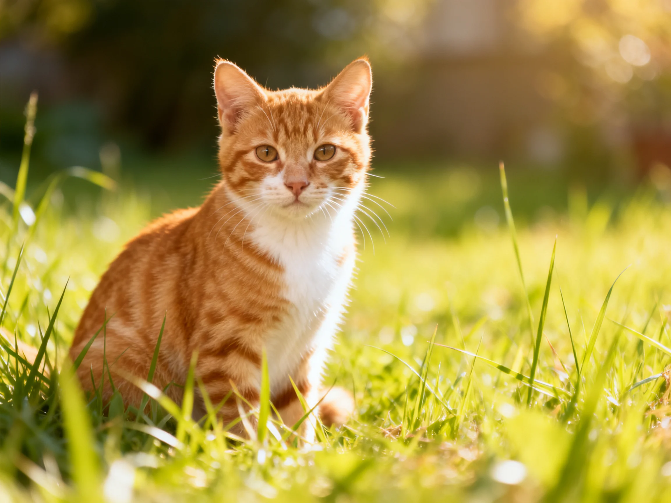 A ginger tabby cat rests in lush green grass undersunlight