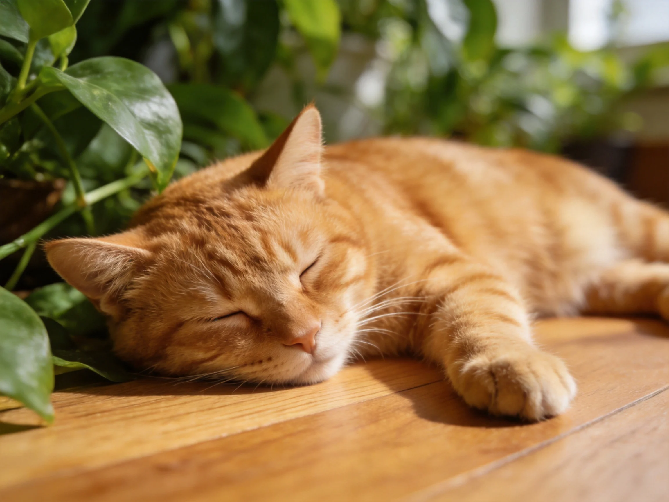 A ginger tabby cat sleeps beside green plants on a wooden surface.
