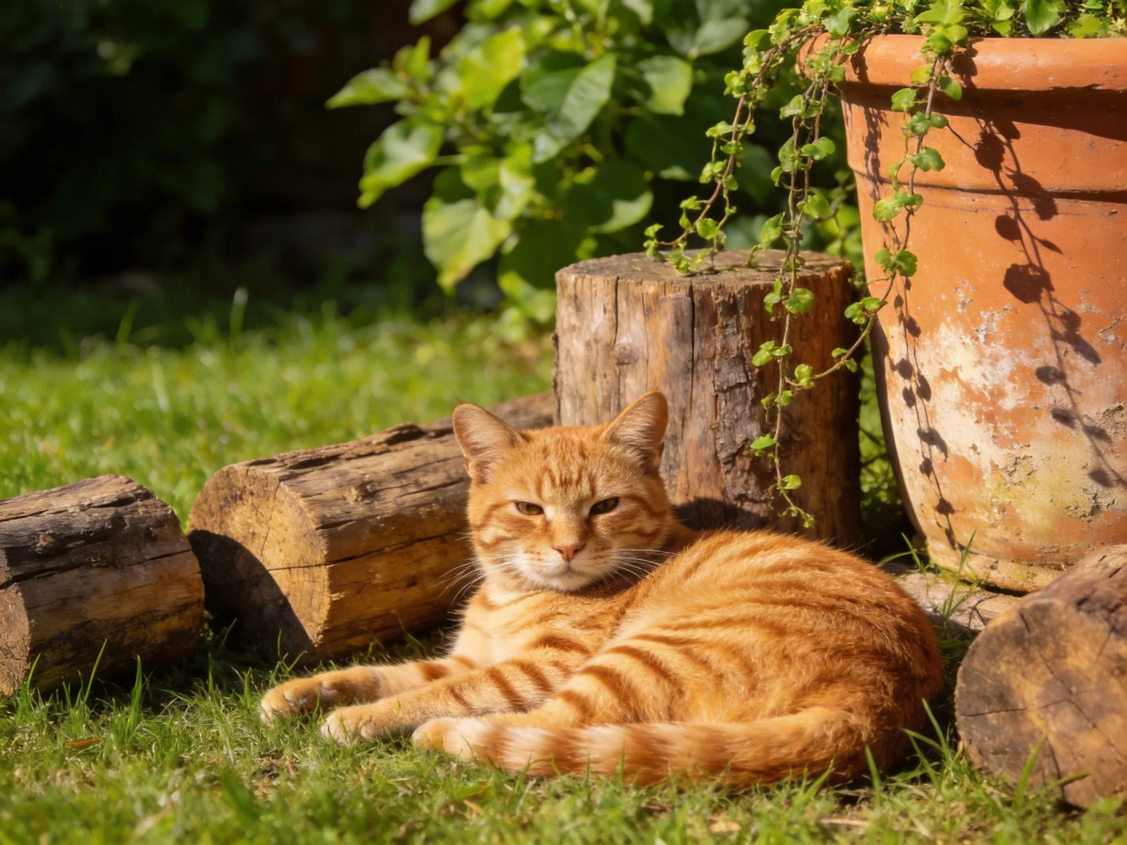 A ginger tabby cat lounges on grass near wooden logs and a terracotta pot in a sunny garden.