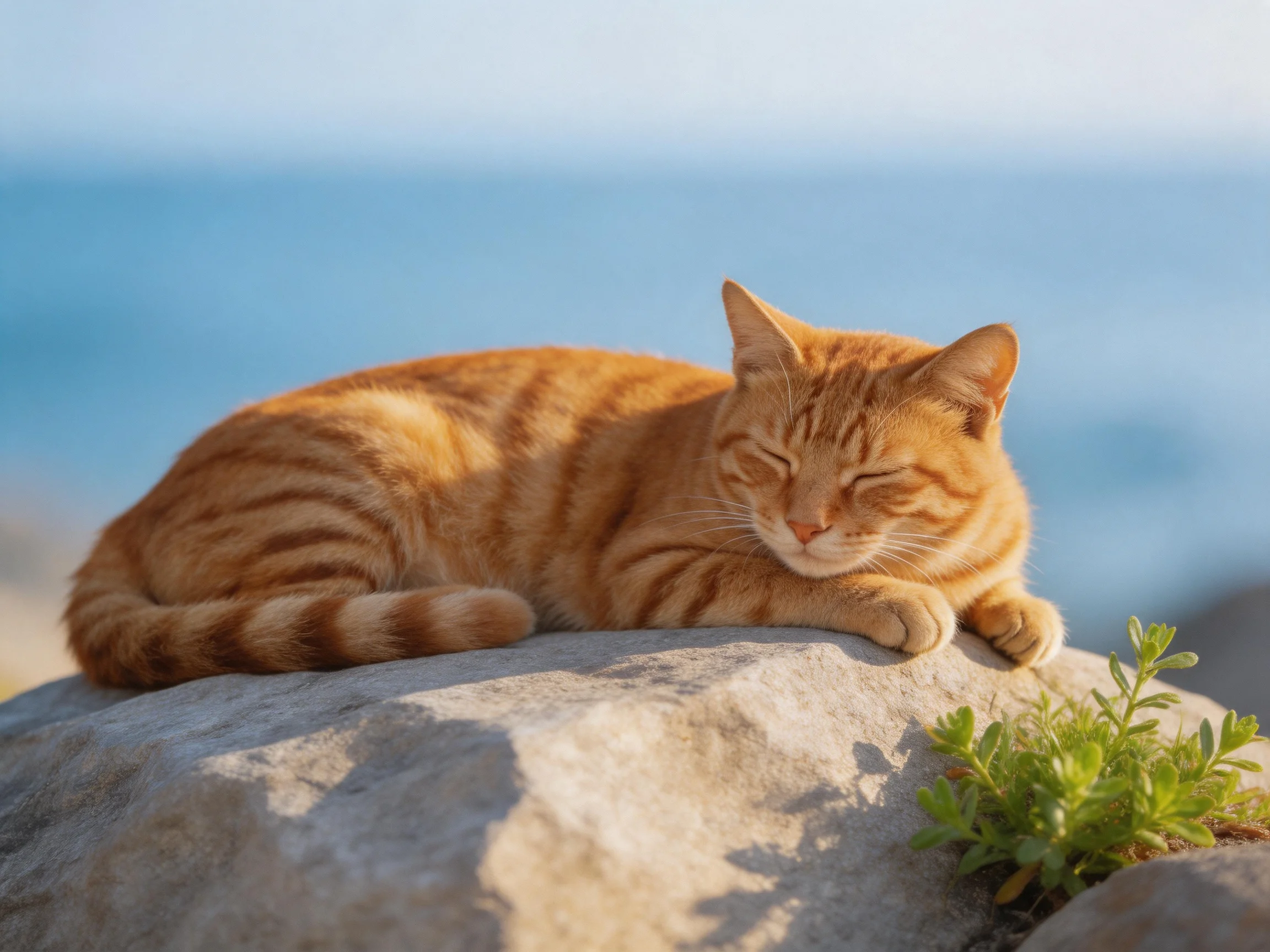 A ginger tabby cat rests on a large gray rock near small green plants