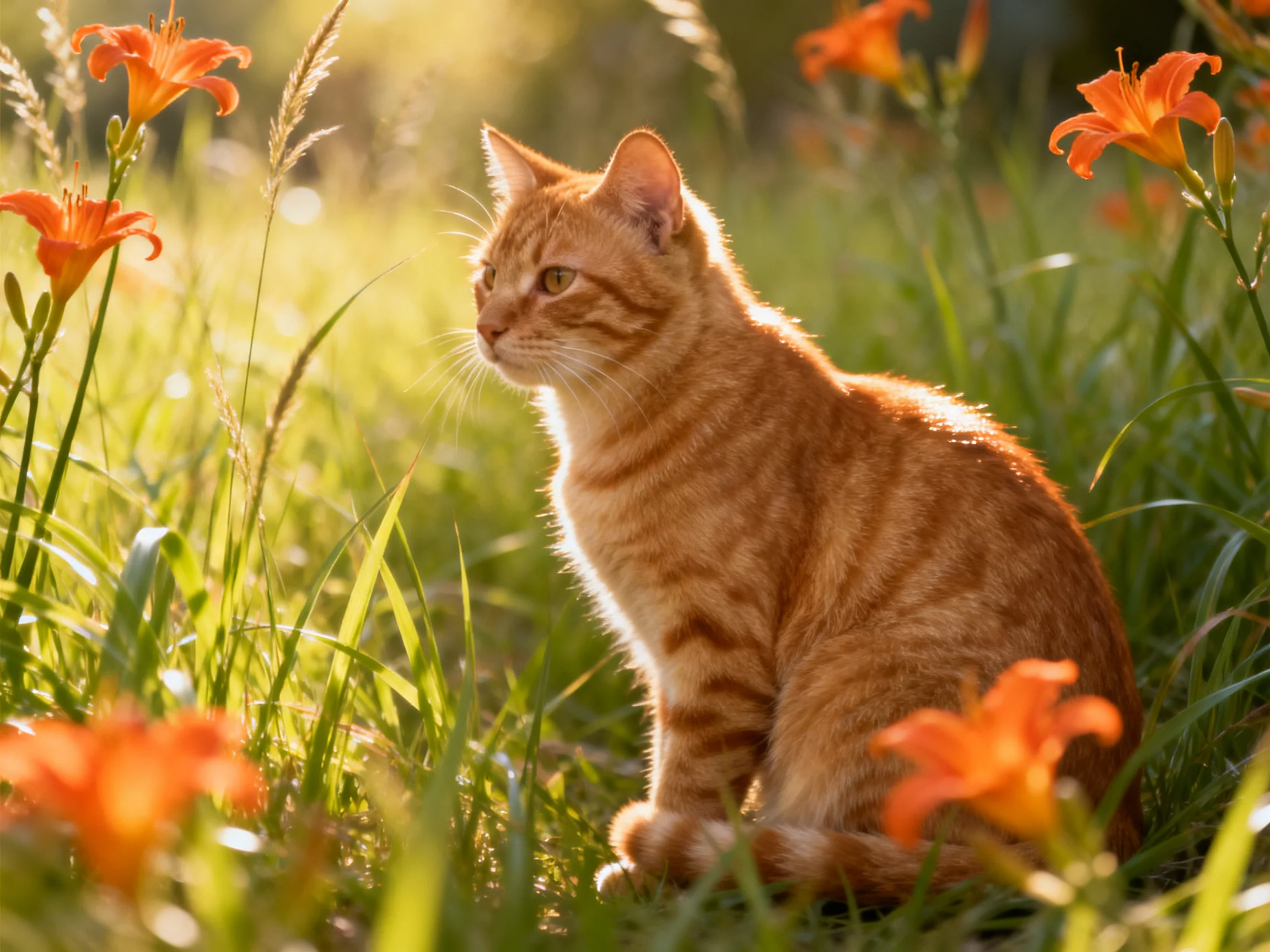 A ginger tabby cat sits among vibrant orange lilies and tall green grass